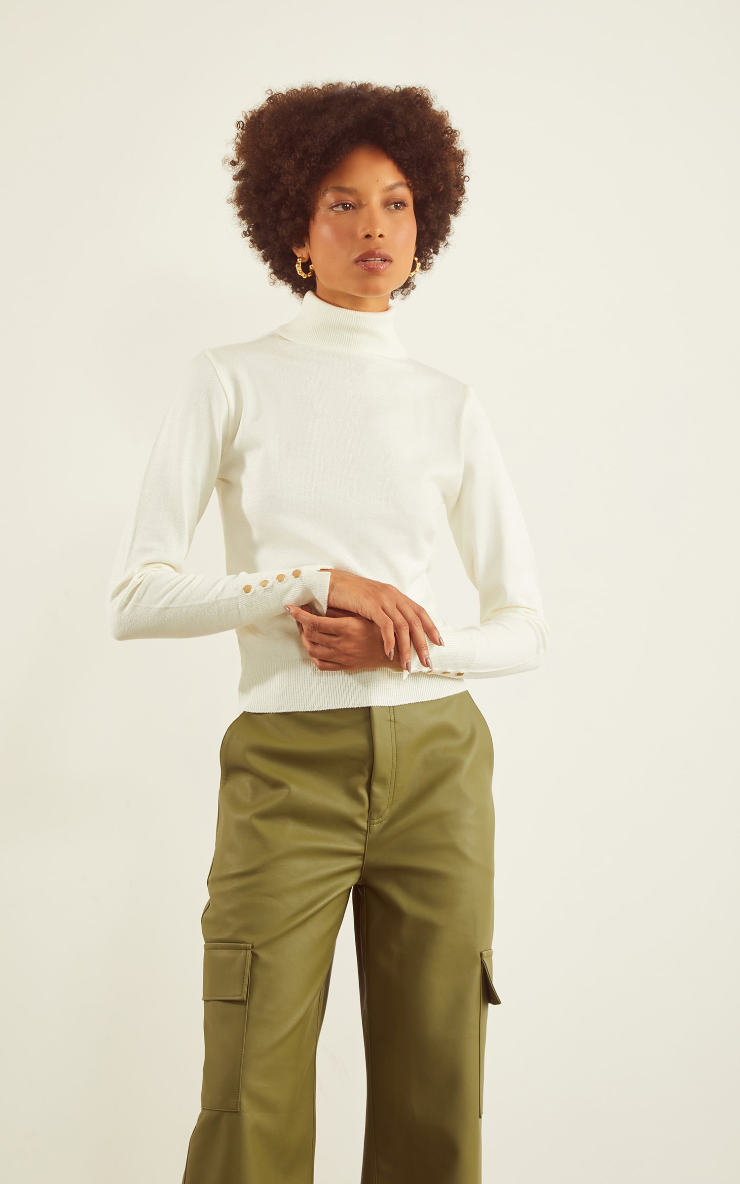 Blusa Tricot Punho Botões Off White