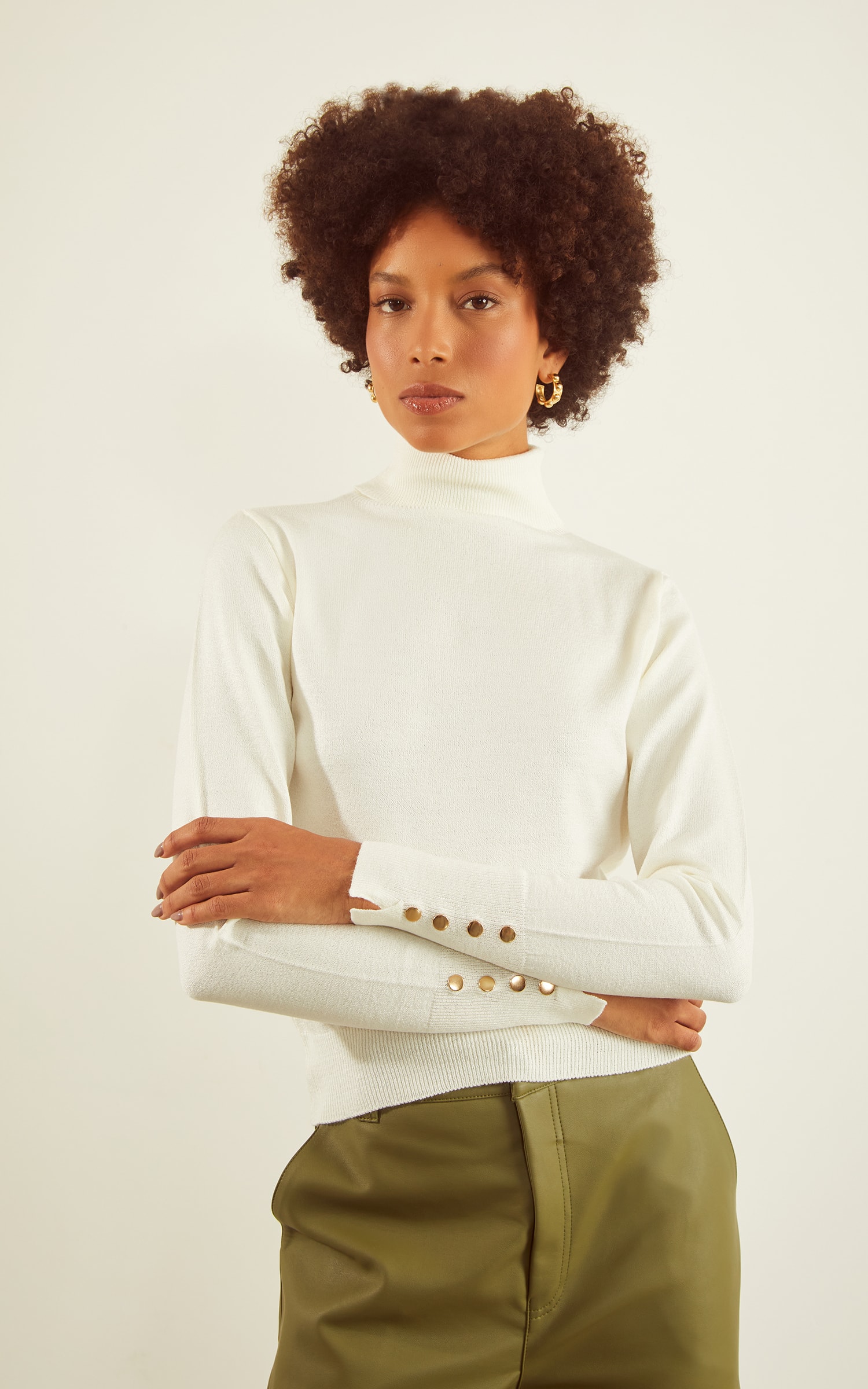 Blusa Tricot Punho Botões Off White