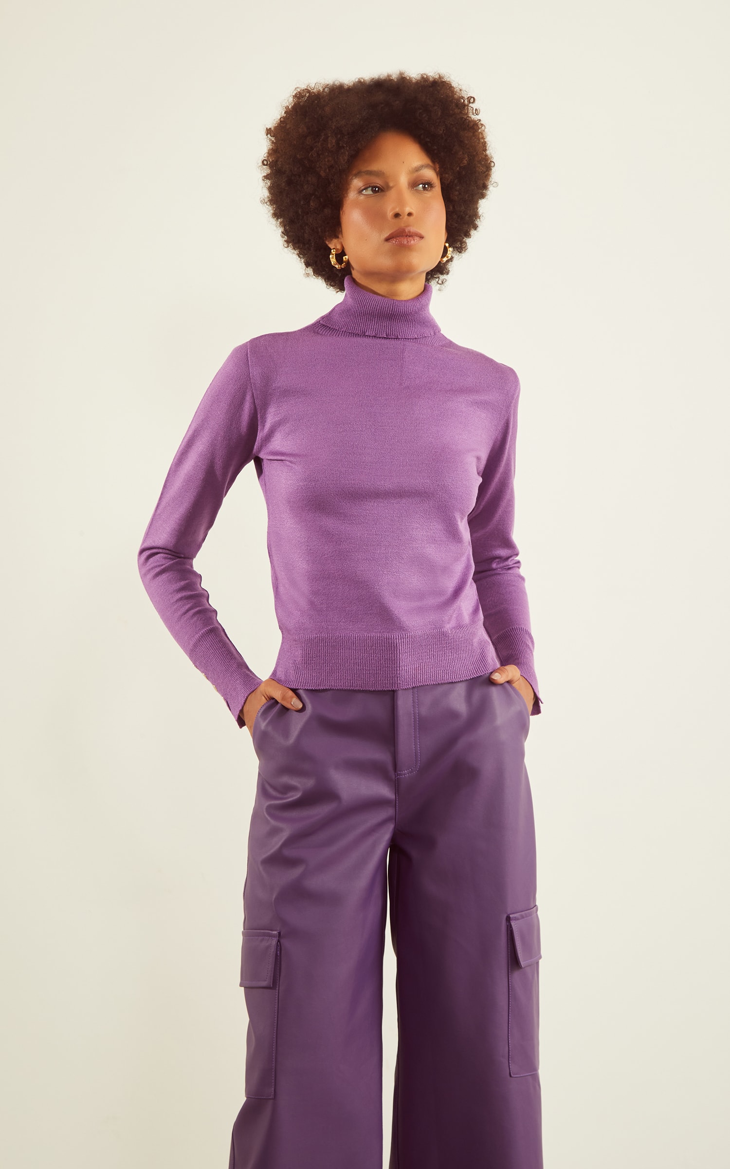 Blusa Tricot Punho Botões Roxo