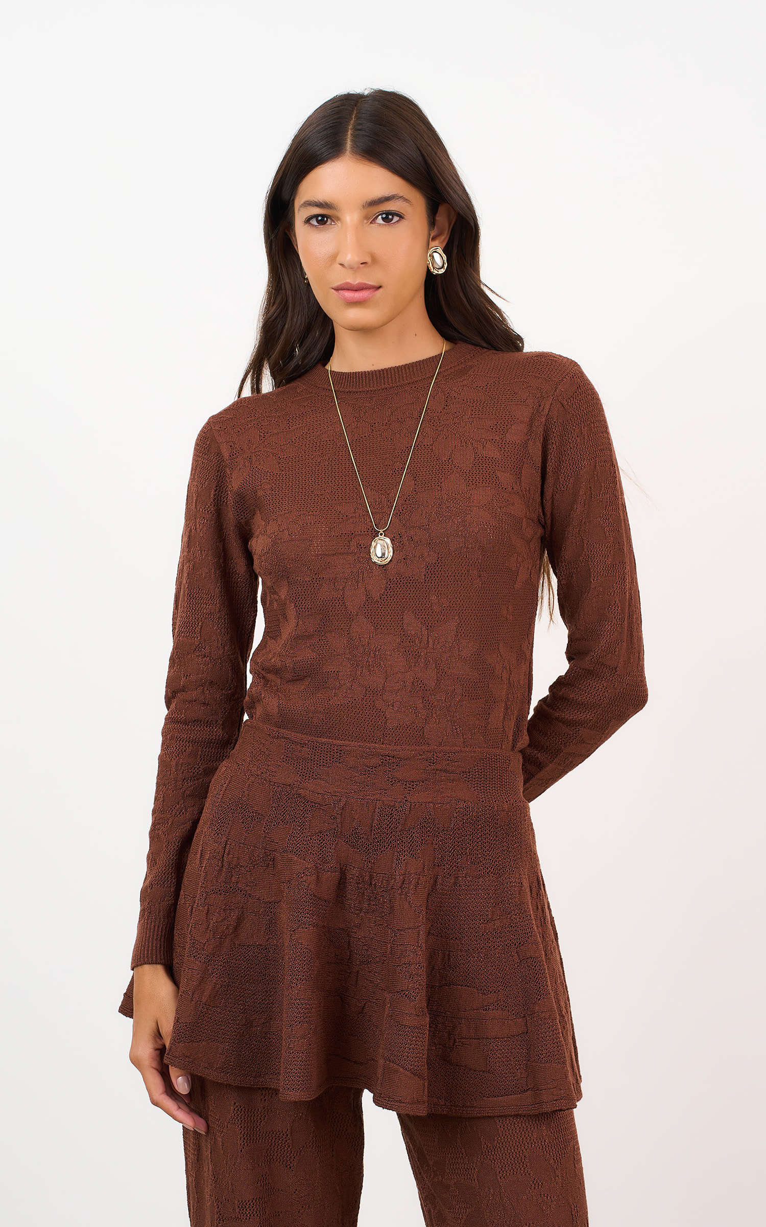Blusa Tricot Renda Marrom