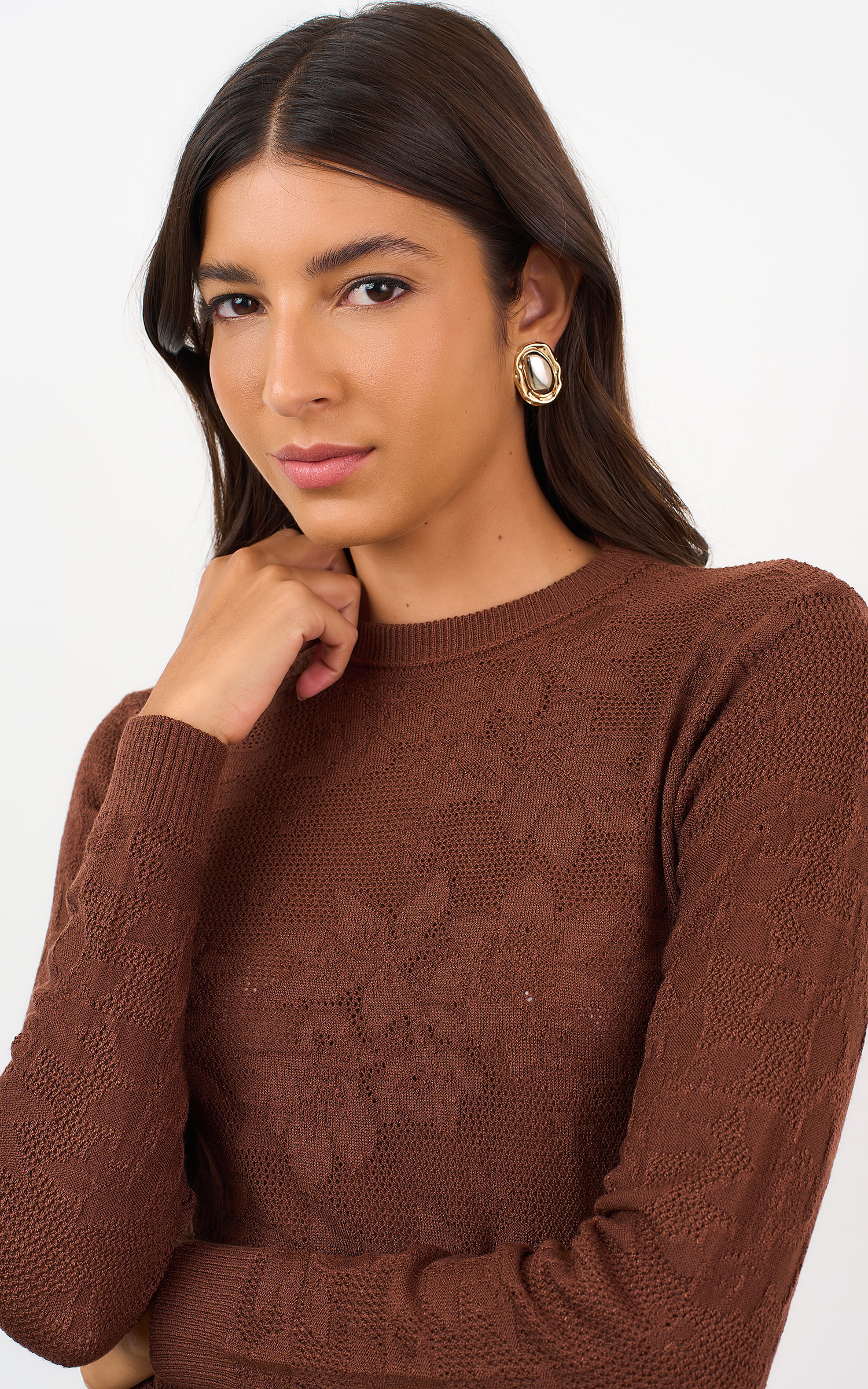 Blusa Tricot Renda Marrom