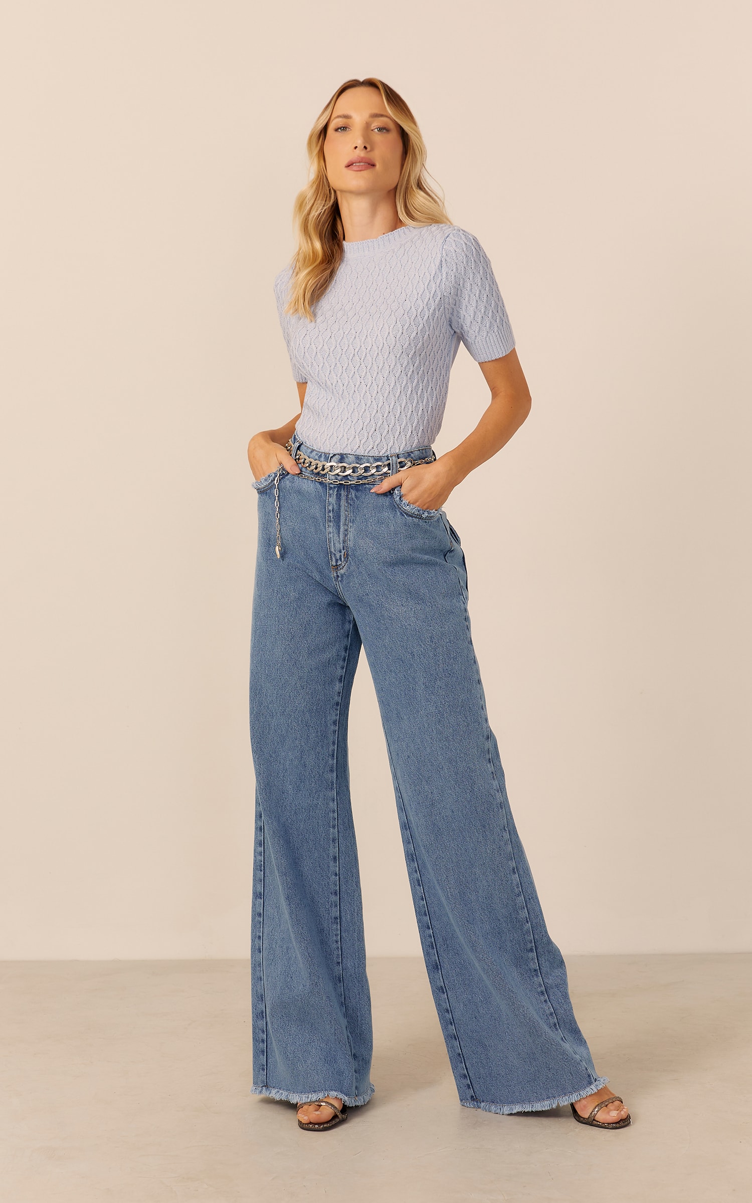Blusa Tricot Trançada Frente Azul Claro
