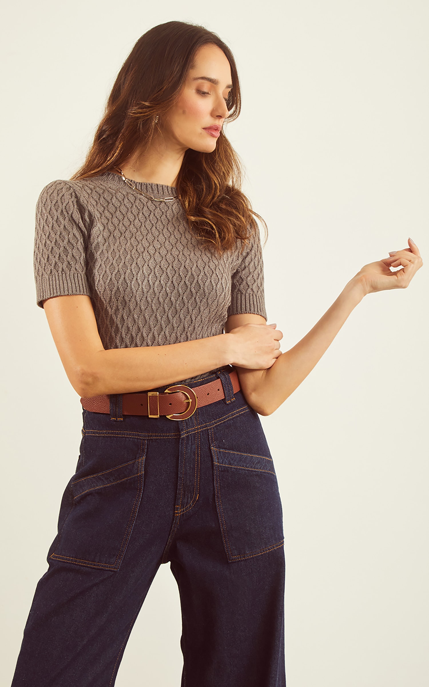 Blusa Tricot Trançada Frente Cinza