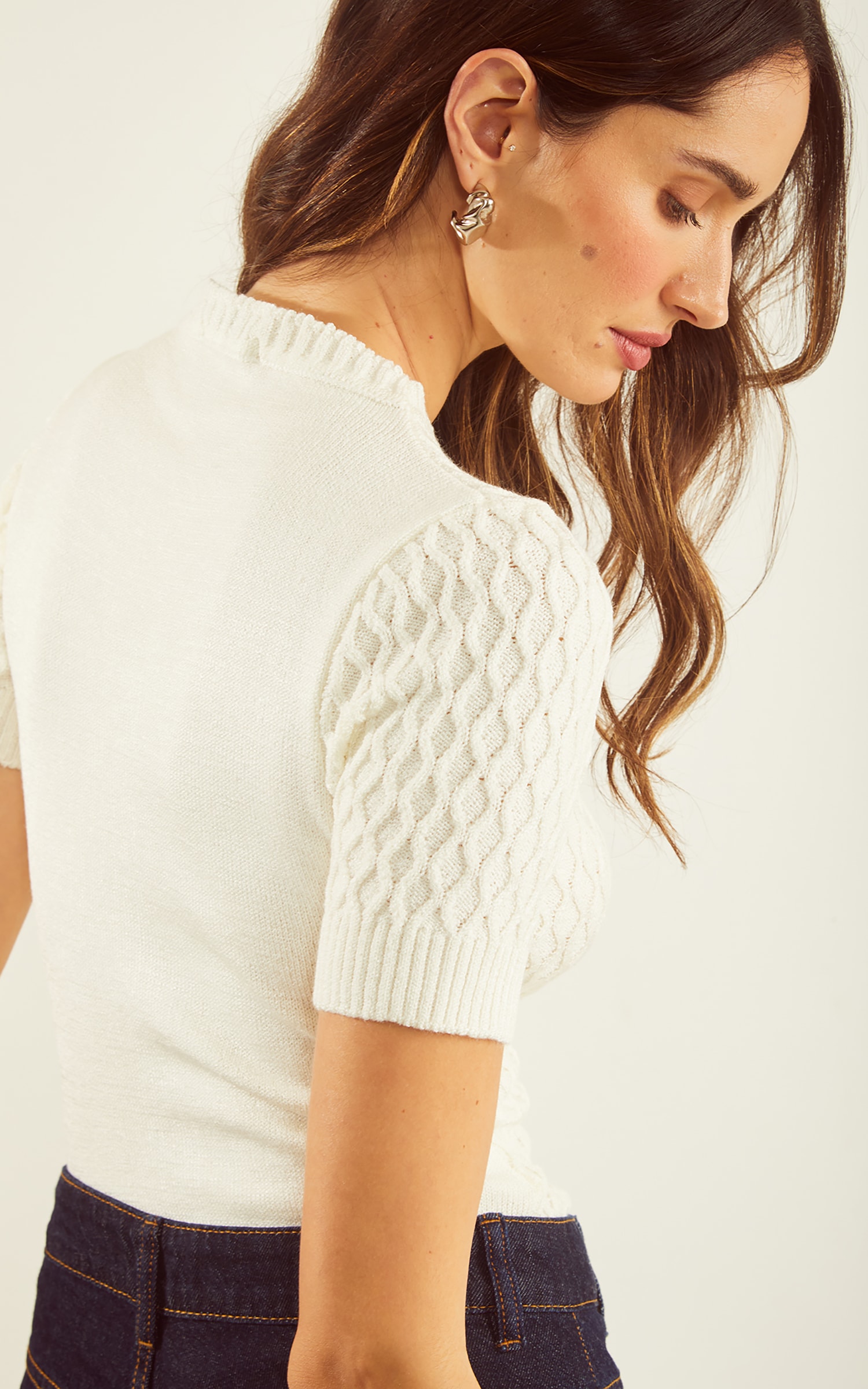 Blusa Tricot Trançada Frente Off White