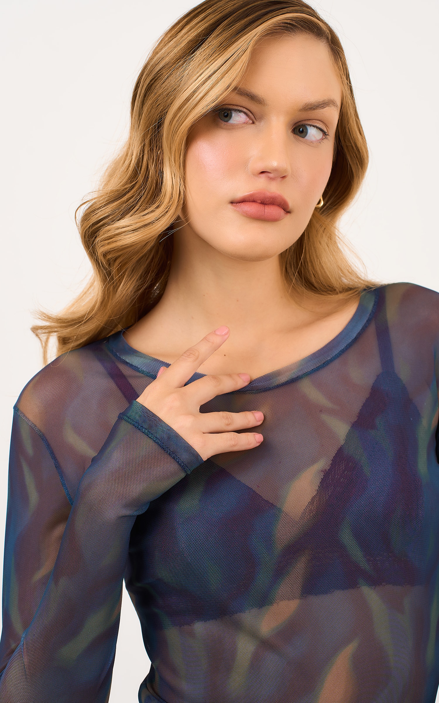 Blusa Tule Manga Longa Chai Marinho
