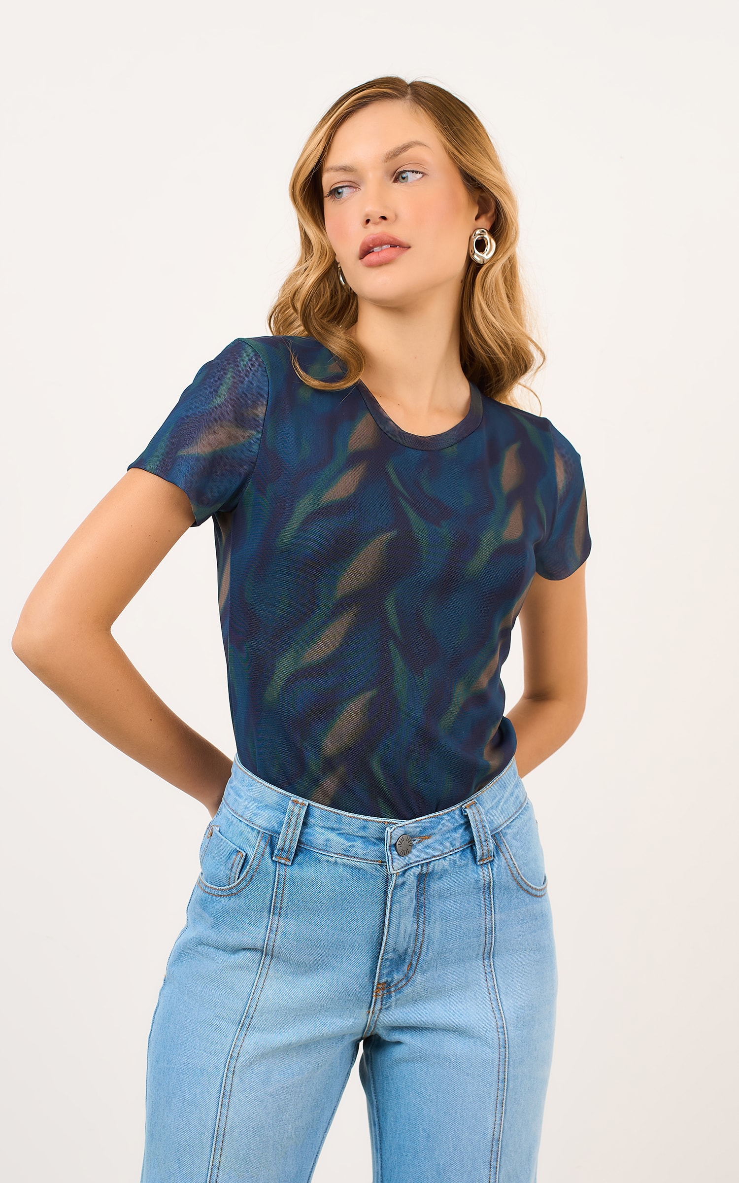 Blusa Tule Mg Curta Est Chai Marinho