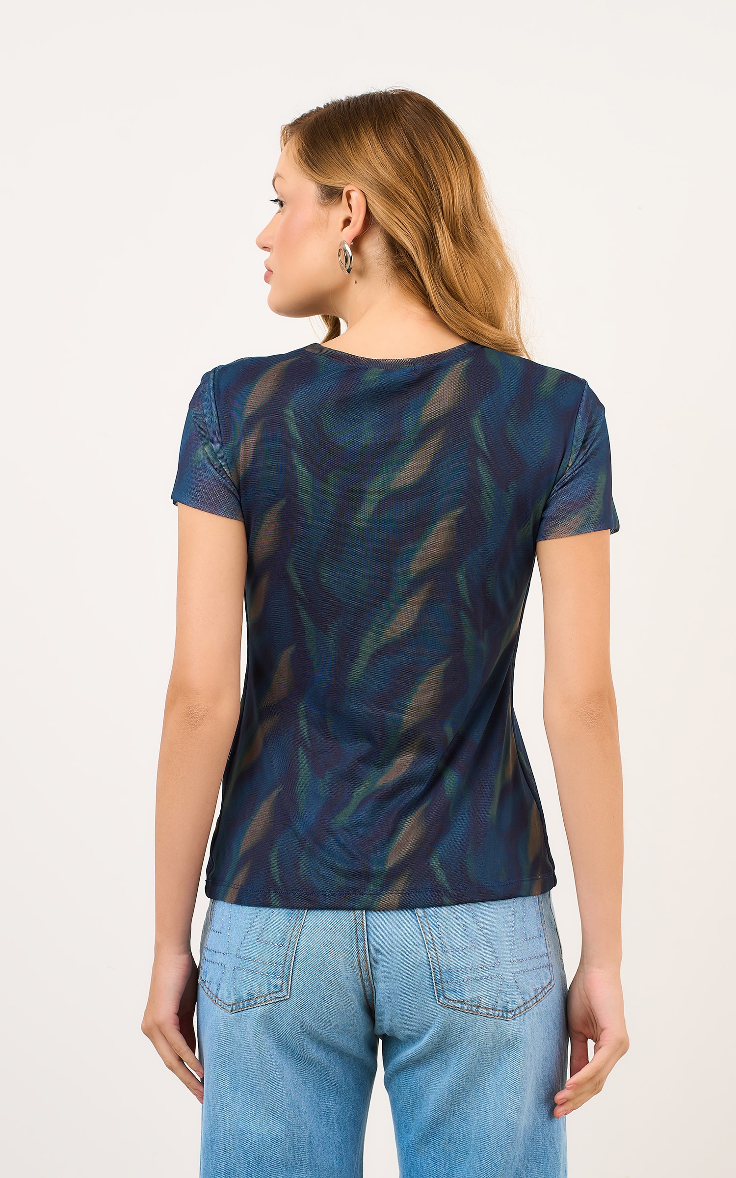 Blusa Tule Mg Curta Est Chai Marinho
