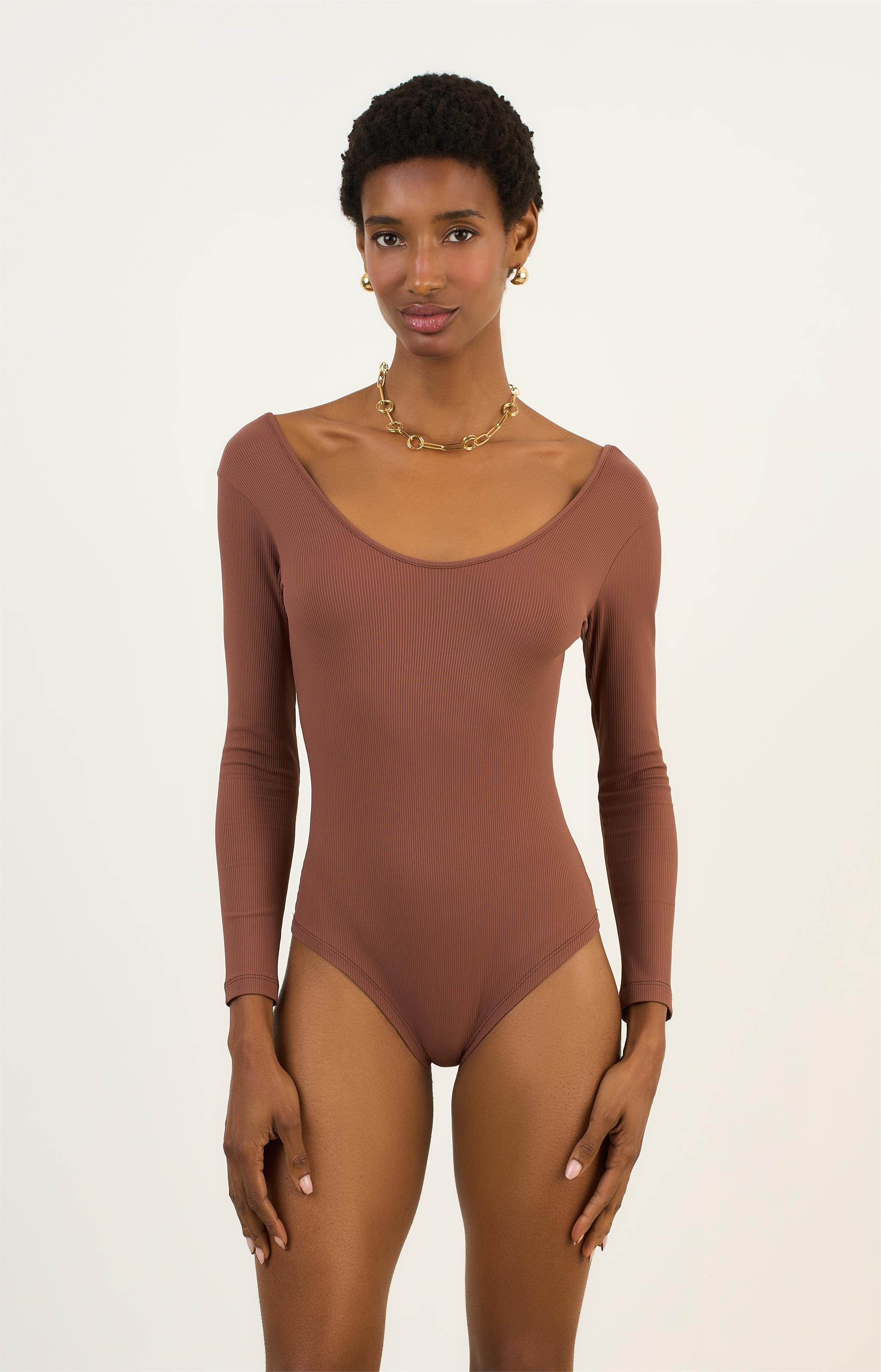 Body Canelado Manga Longa Chocolate
