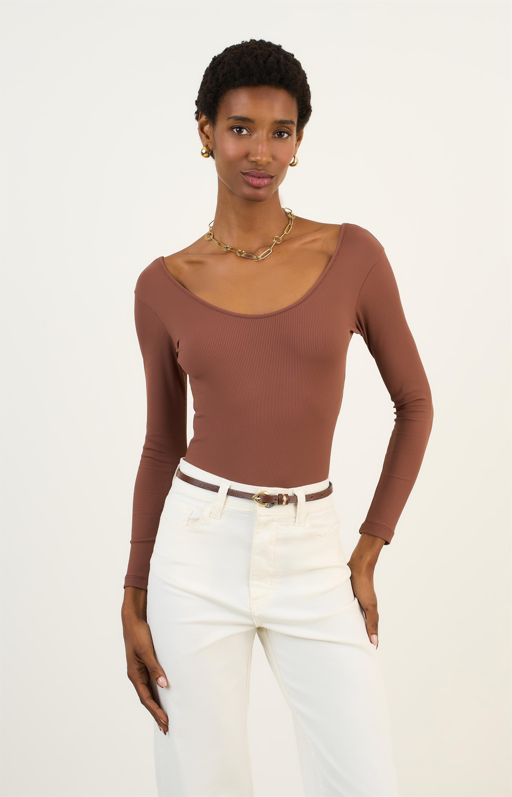Body Canelado Manga Longa Chocolate