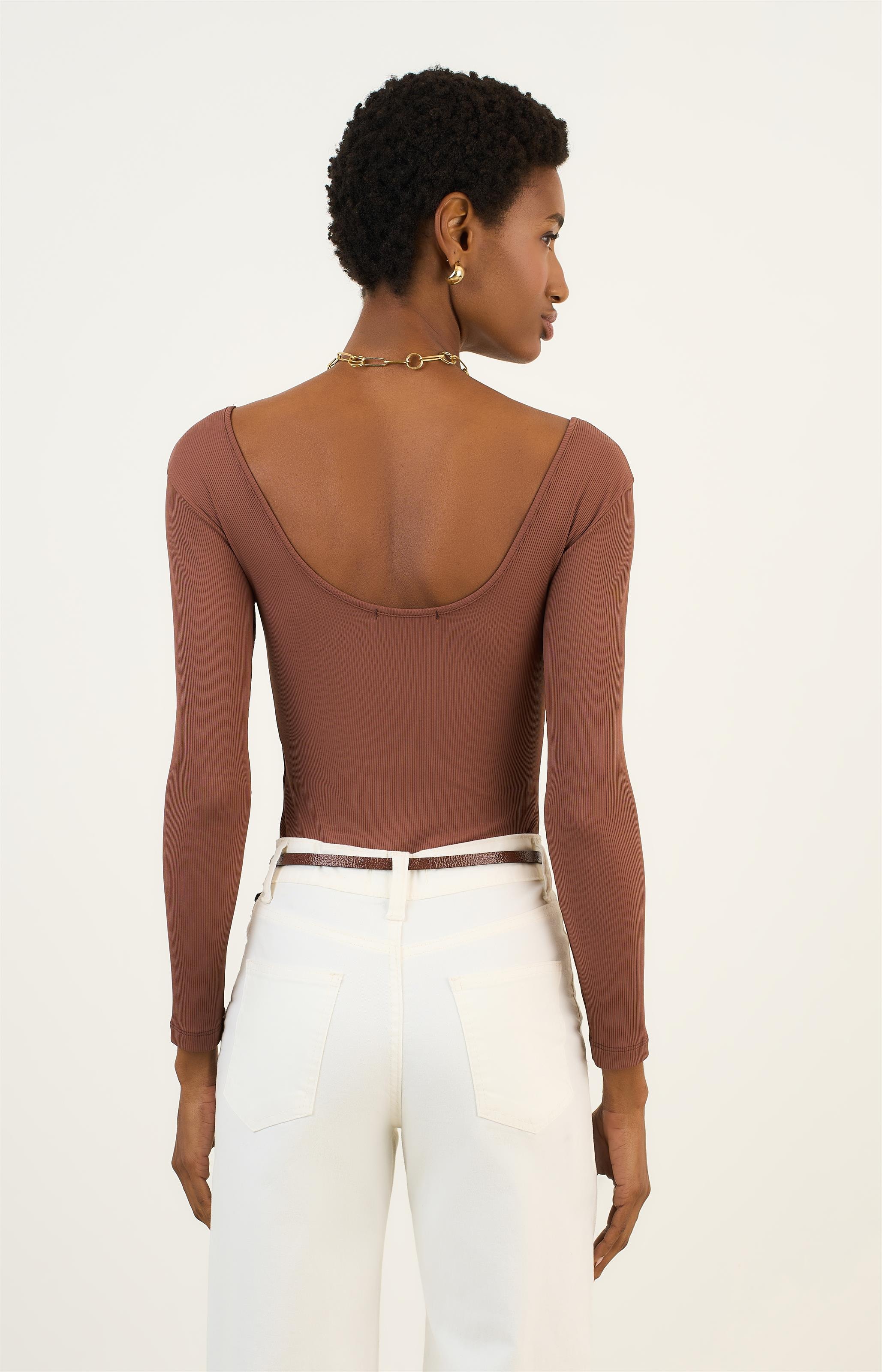 Body Canelado Manga Longa Chocolate