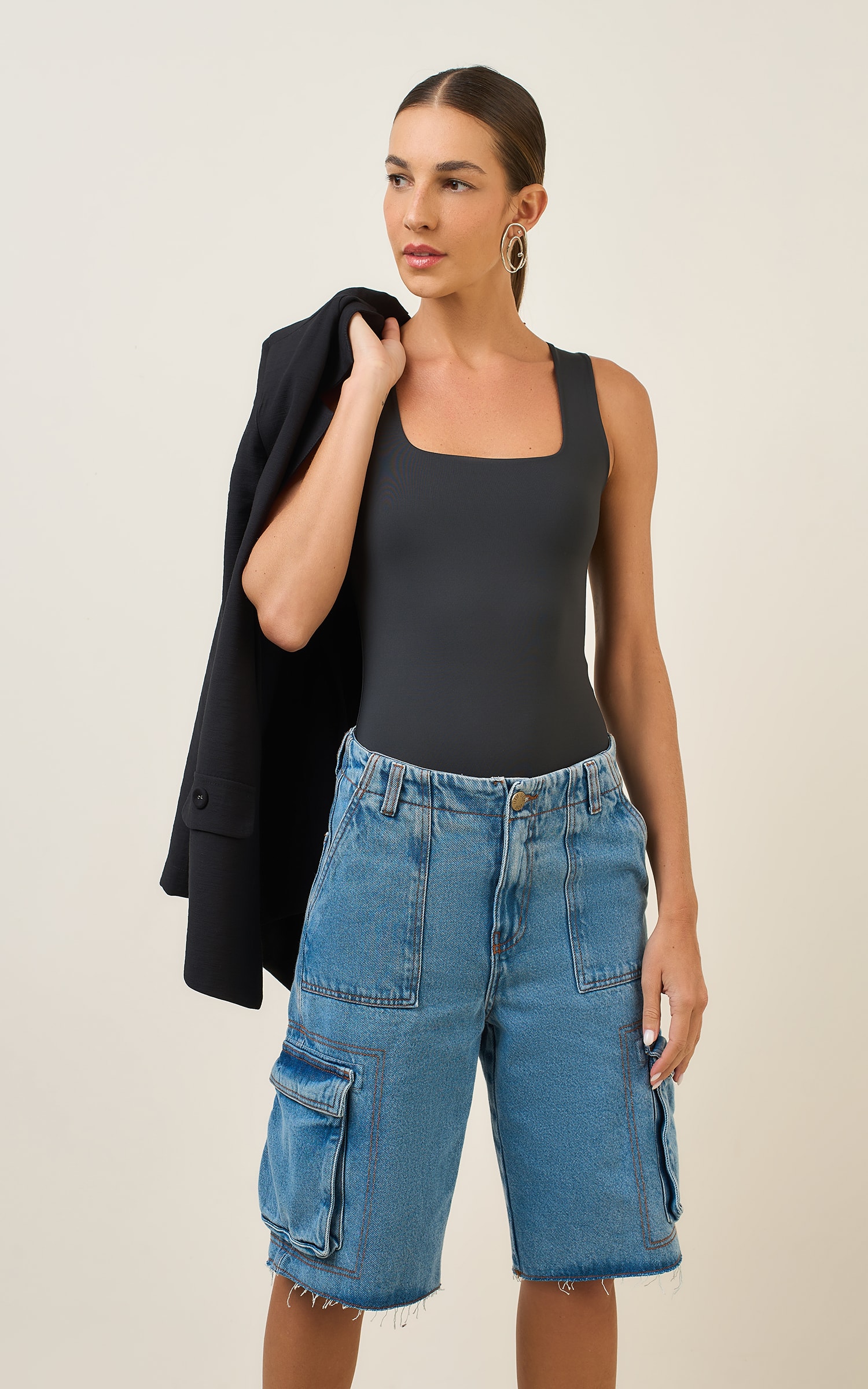 Body Duplo Decote Quadrado Preto