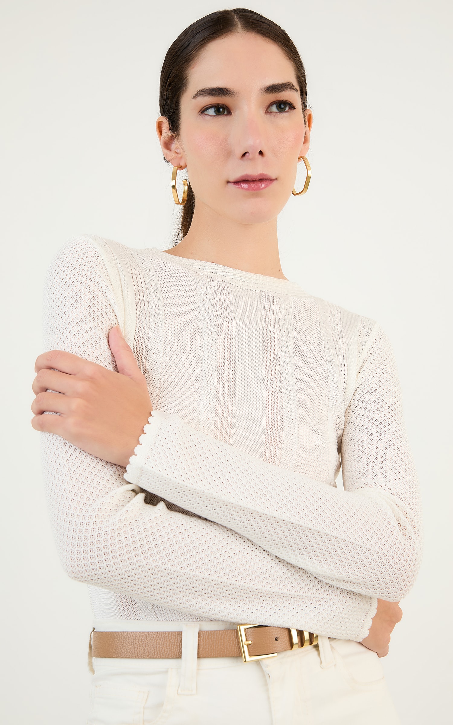 Body Manga Longa Ponto Vazado Off White