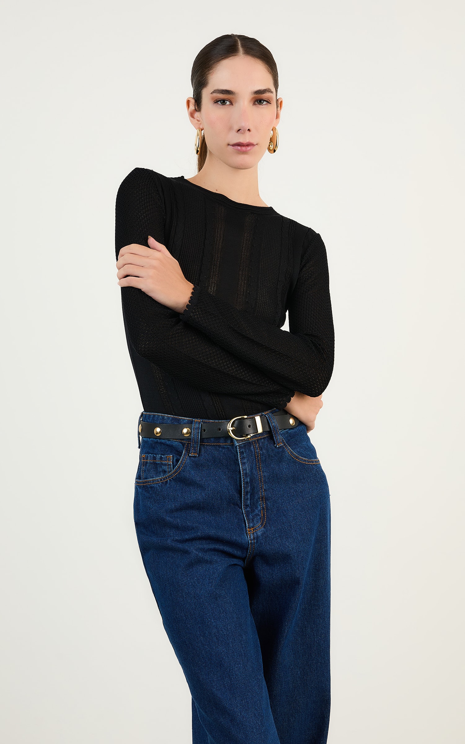 Body Manga Longa Ponto Vazado Preto