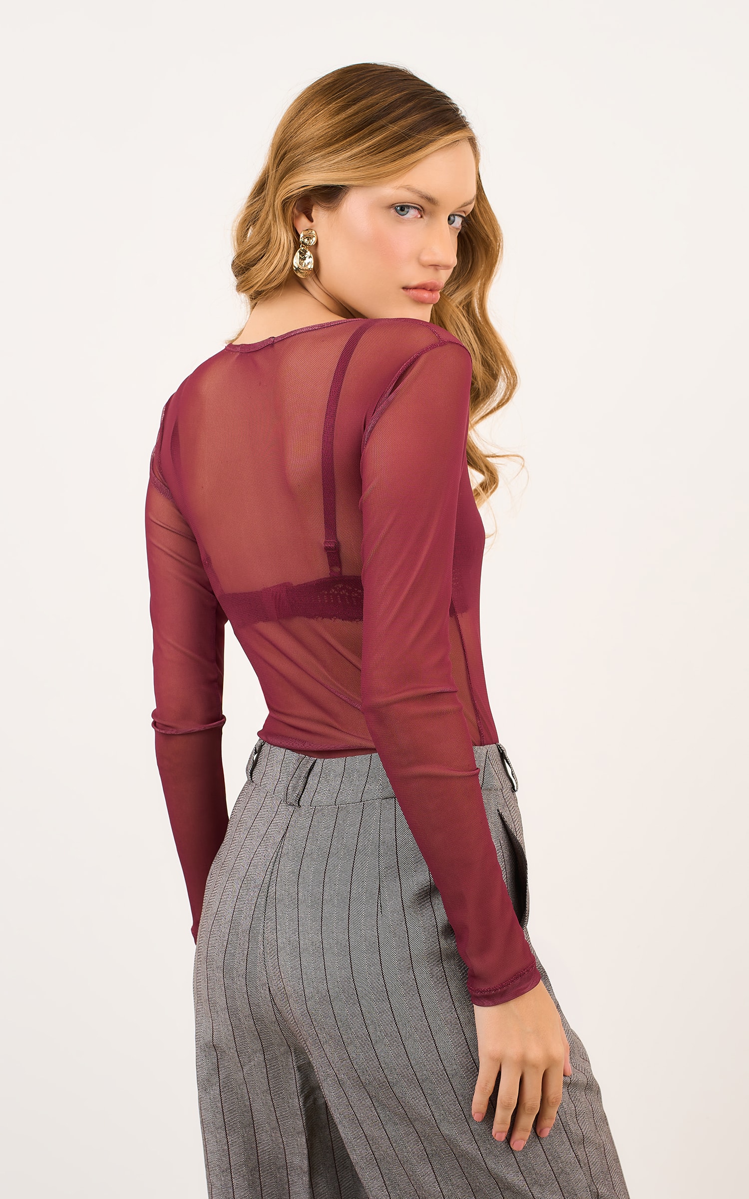 Body Tule Manga Longa Burgundy