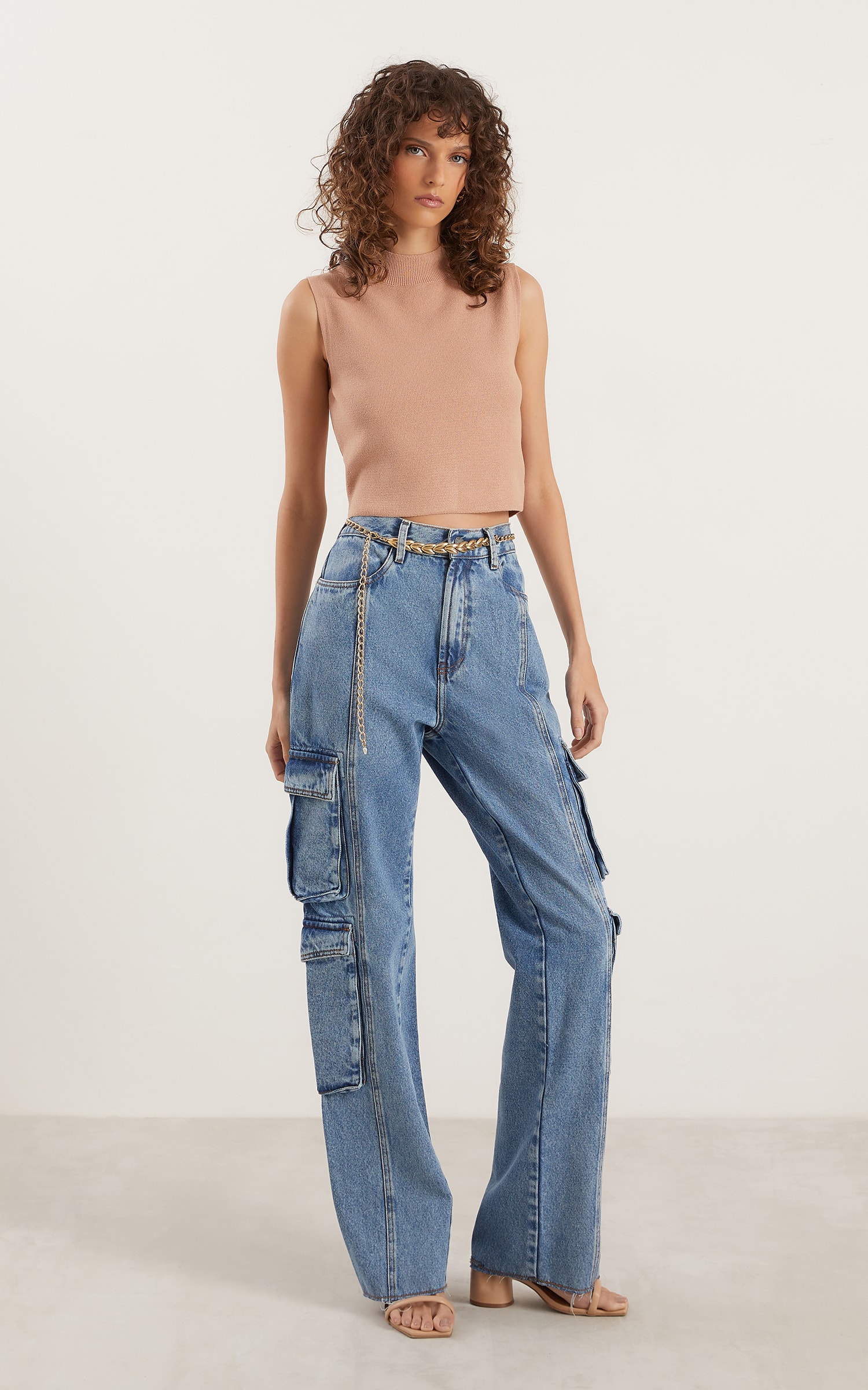 Calça Cargo Duplo Jeans Médio