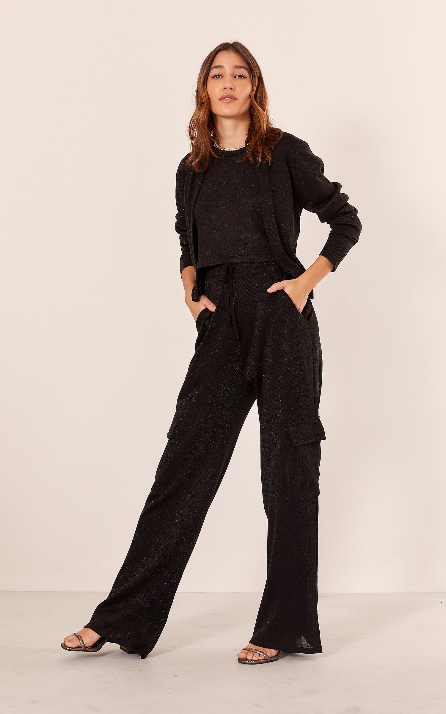 Calça Cargo Tricot Lurex Preto