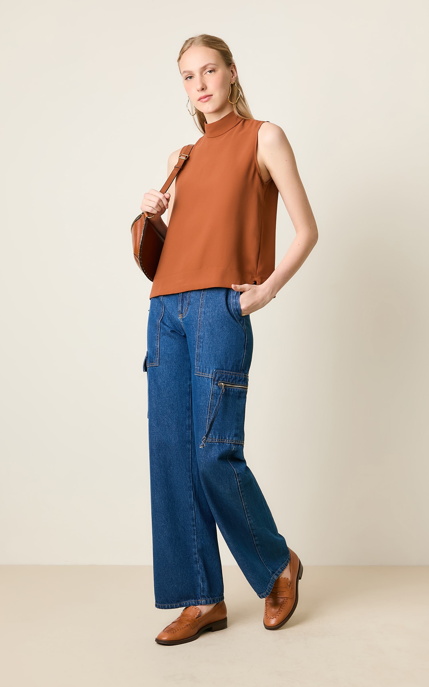 Calca Jeans Bolso Ziper Jeans Escuro