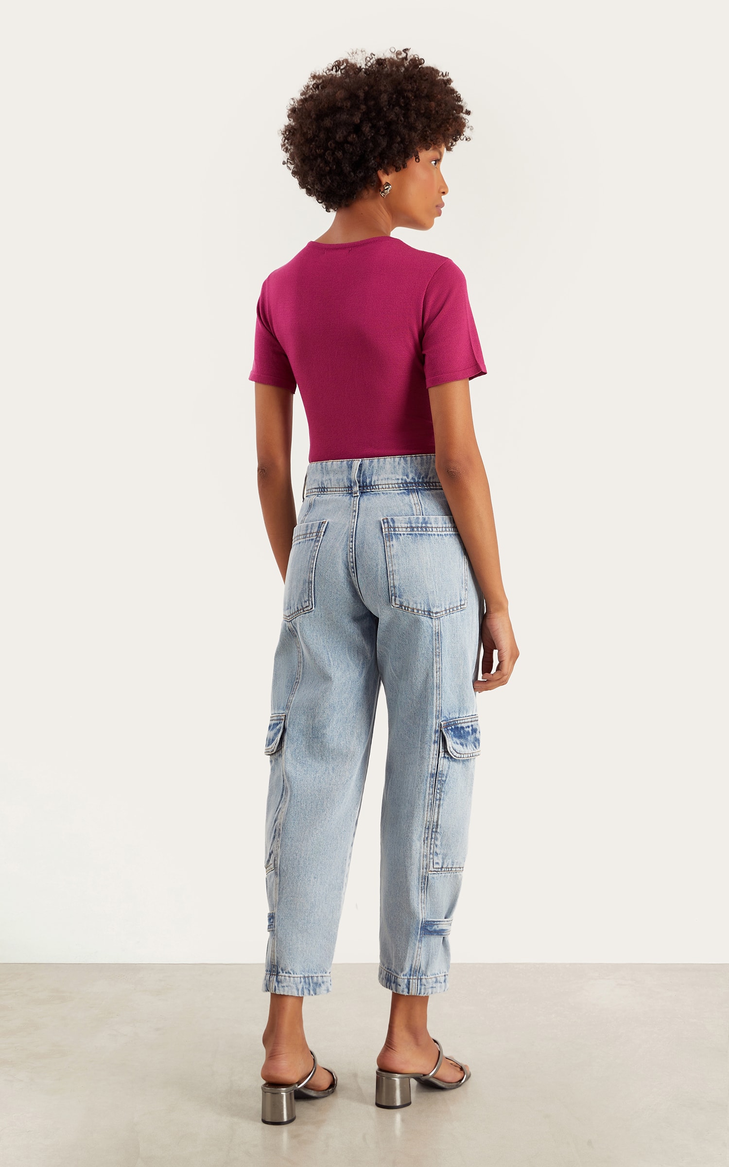 Calça Jeans Cargo Abotoamento Jeans Medio
