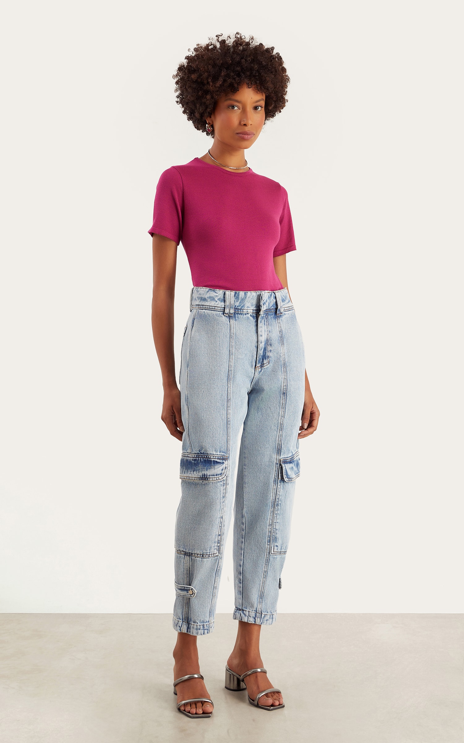 Calça Jeans Cargo Abotoamento Jeans Medio