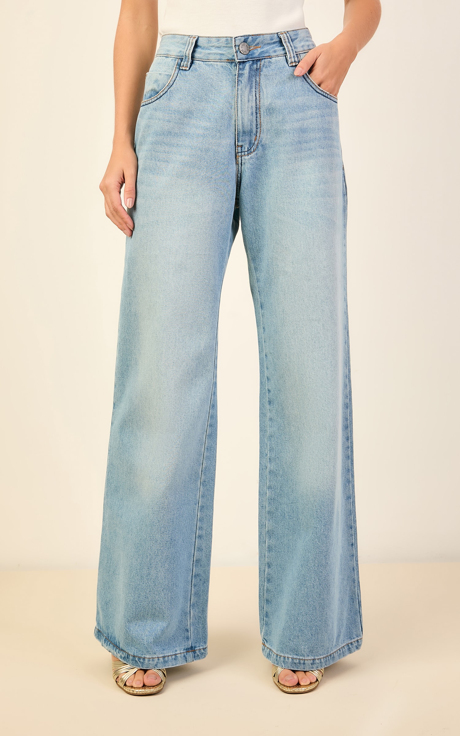 Calca Jeans Pesponto Duplo Jeans Claro