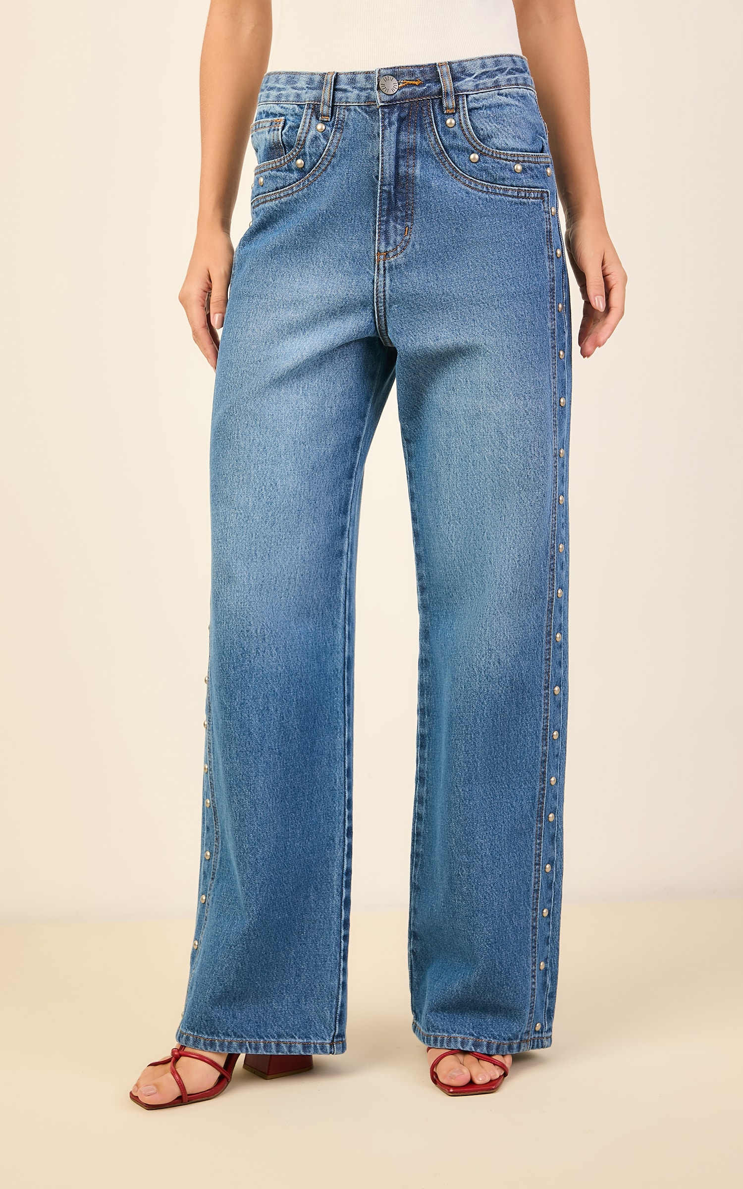 Calca Jeans Rebite Bolso Jeans Medio