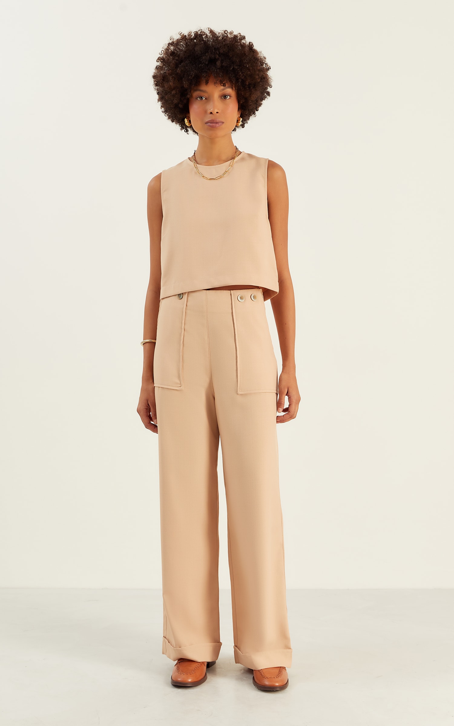 Calça Pantalona Botões Vanila Natural
