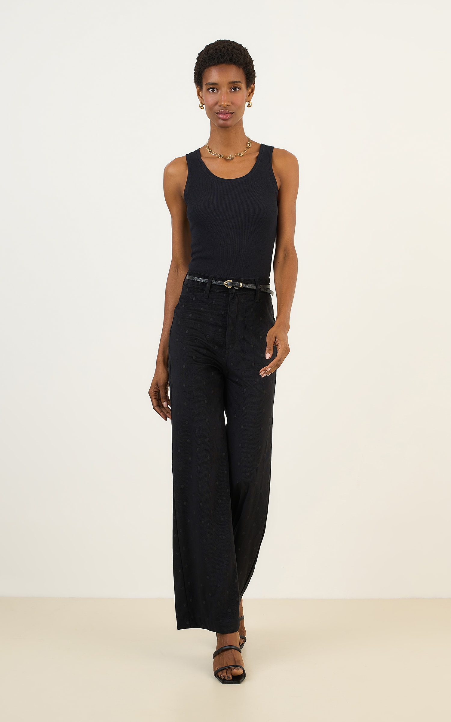 Calca Pantalona Cotele Bordado Preto