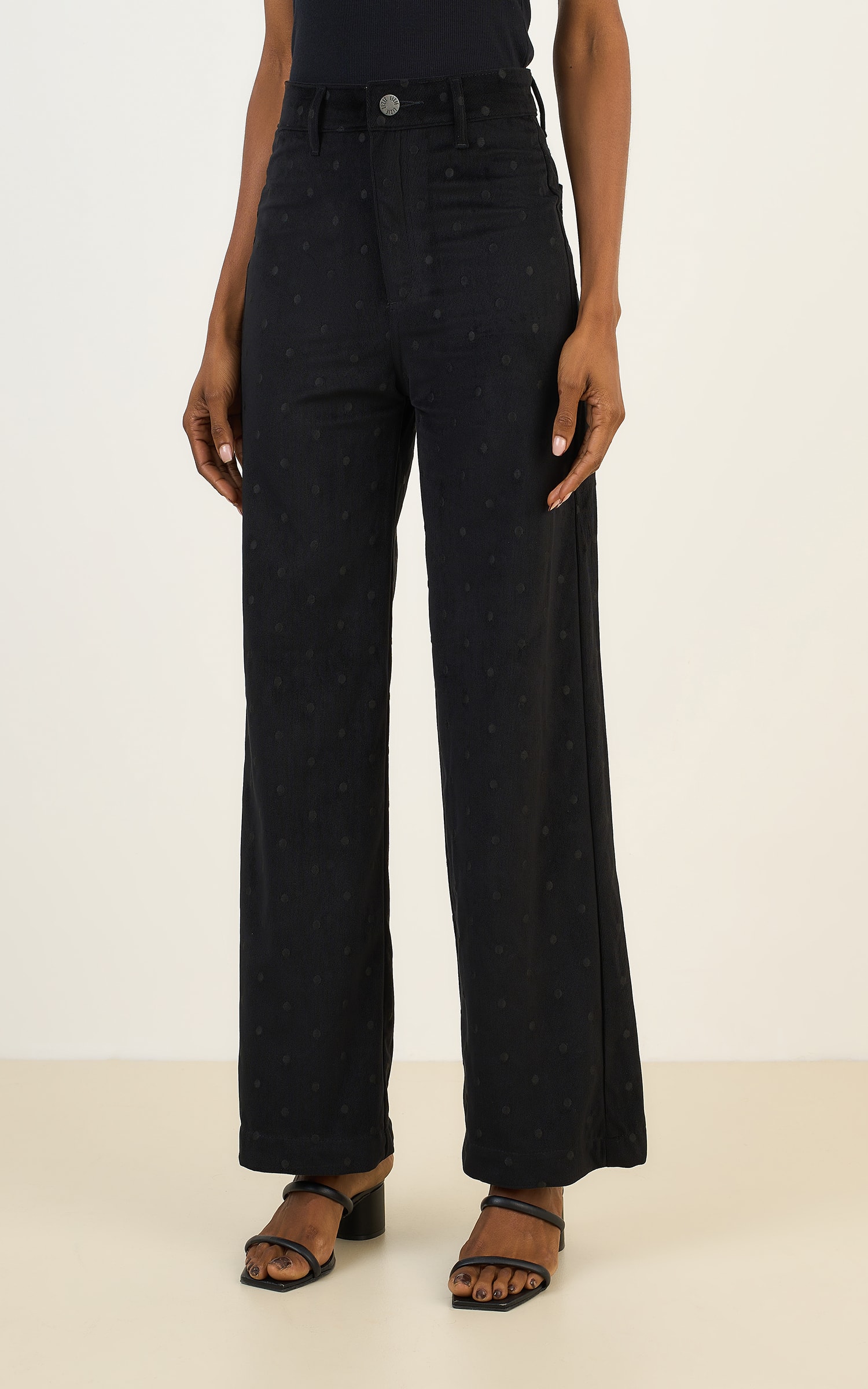 Calca Pantalona Cotele Bordado Preto