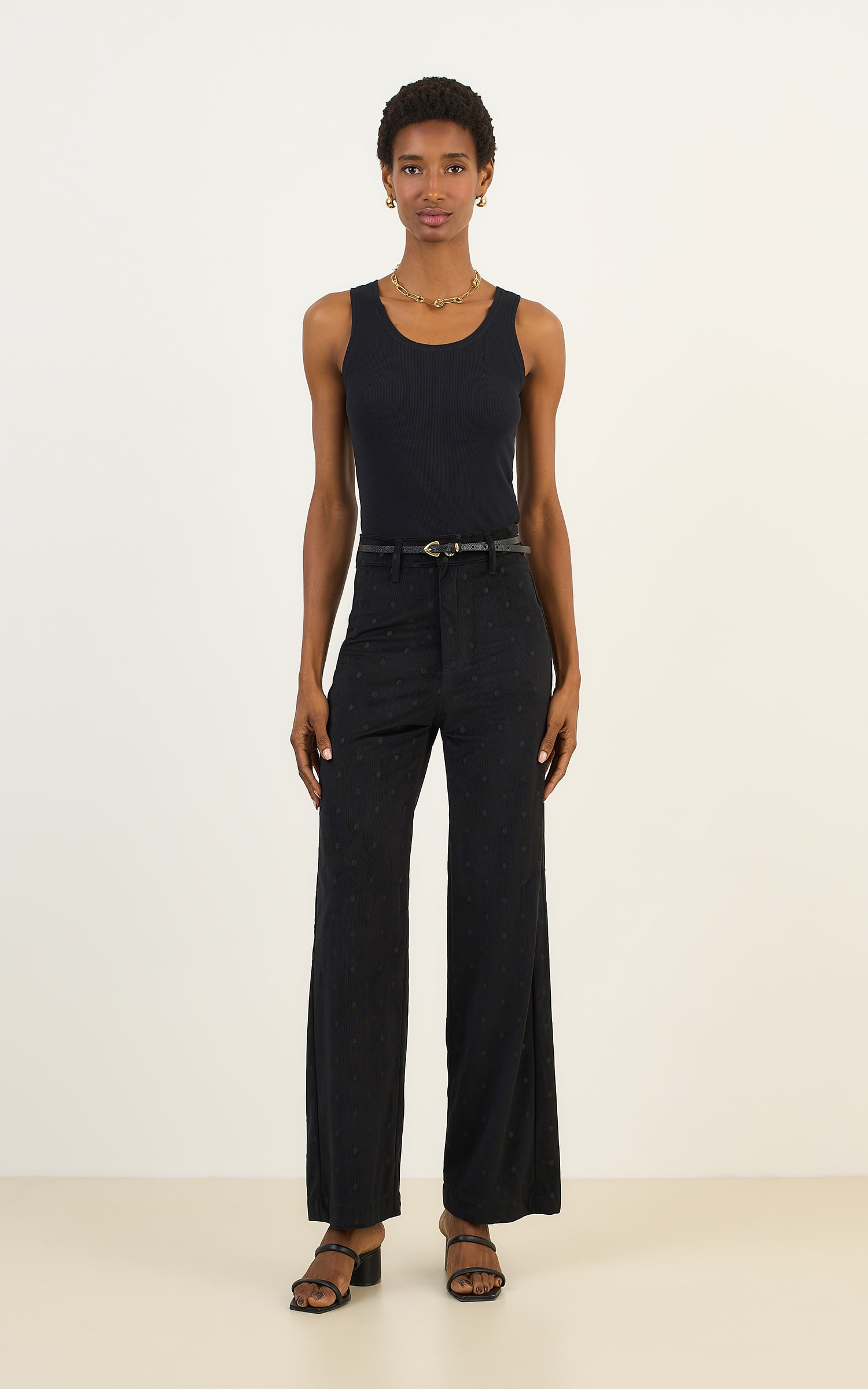 Calca Pantalona Cotele Bordado Preto