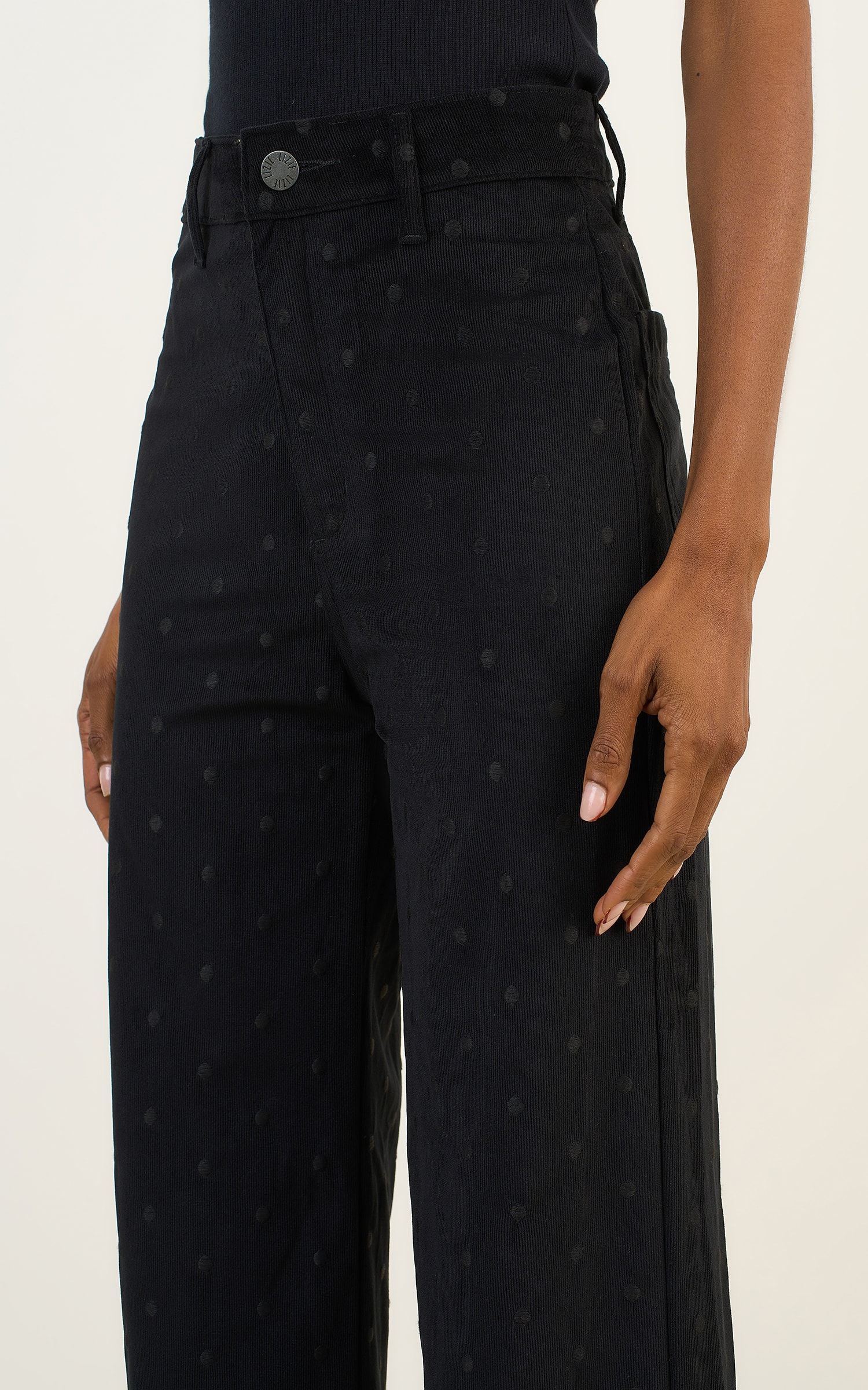 Calca Pantalona Cotele Bordado Preto