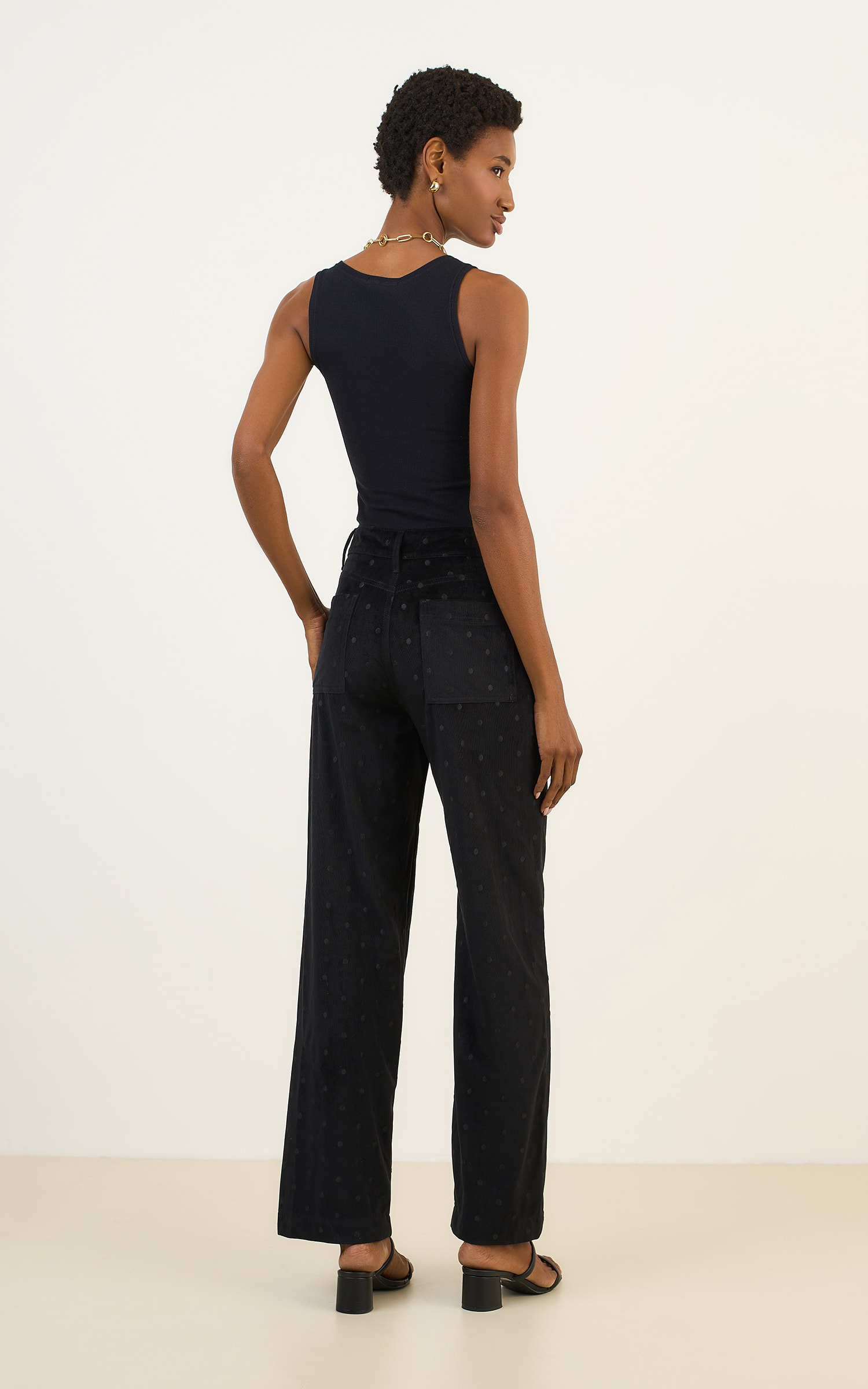 Calca Pantalona Cotele Bordado Preto