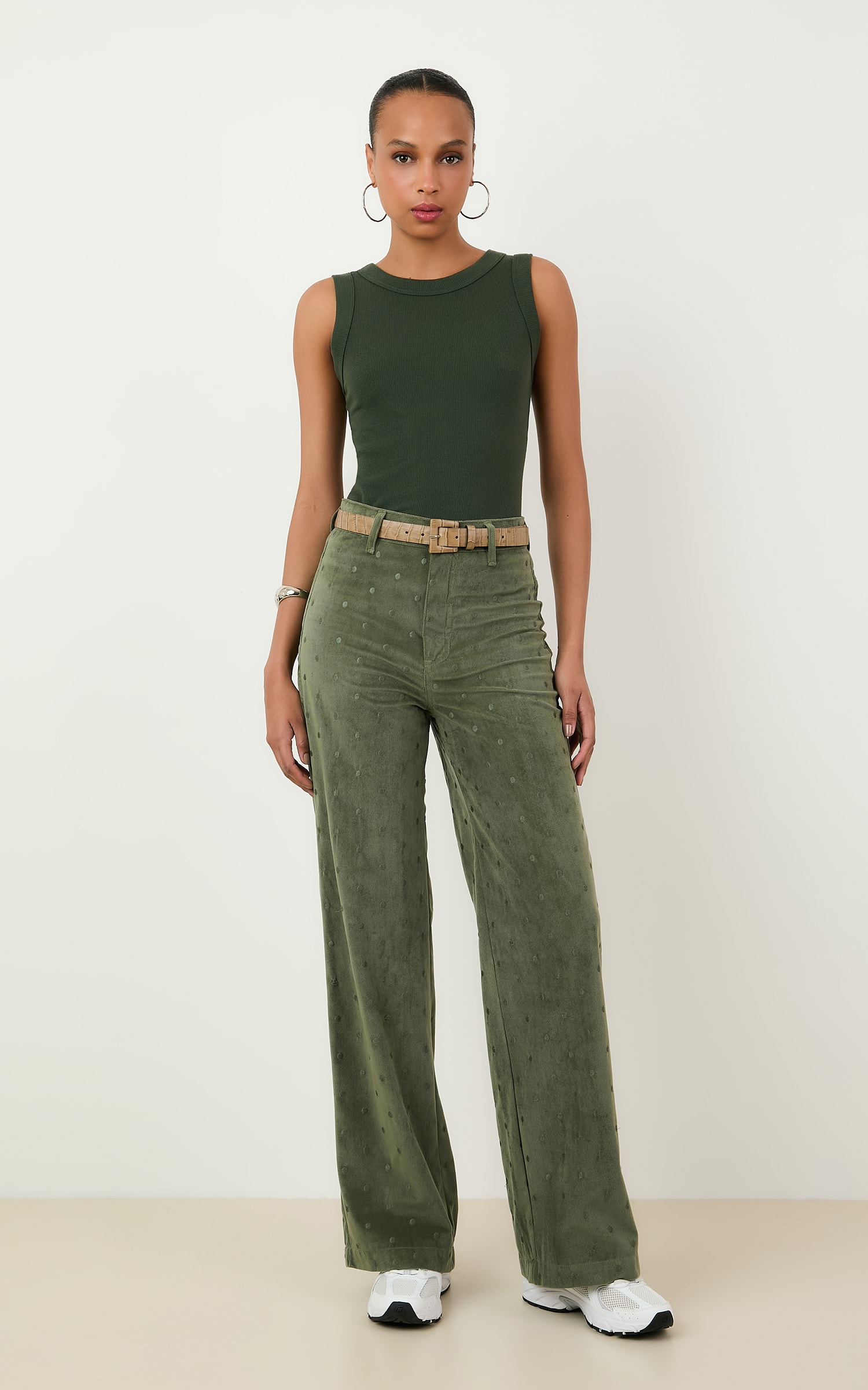 Calca Pantalona Cotele Bordado Verde Musgo