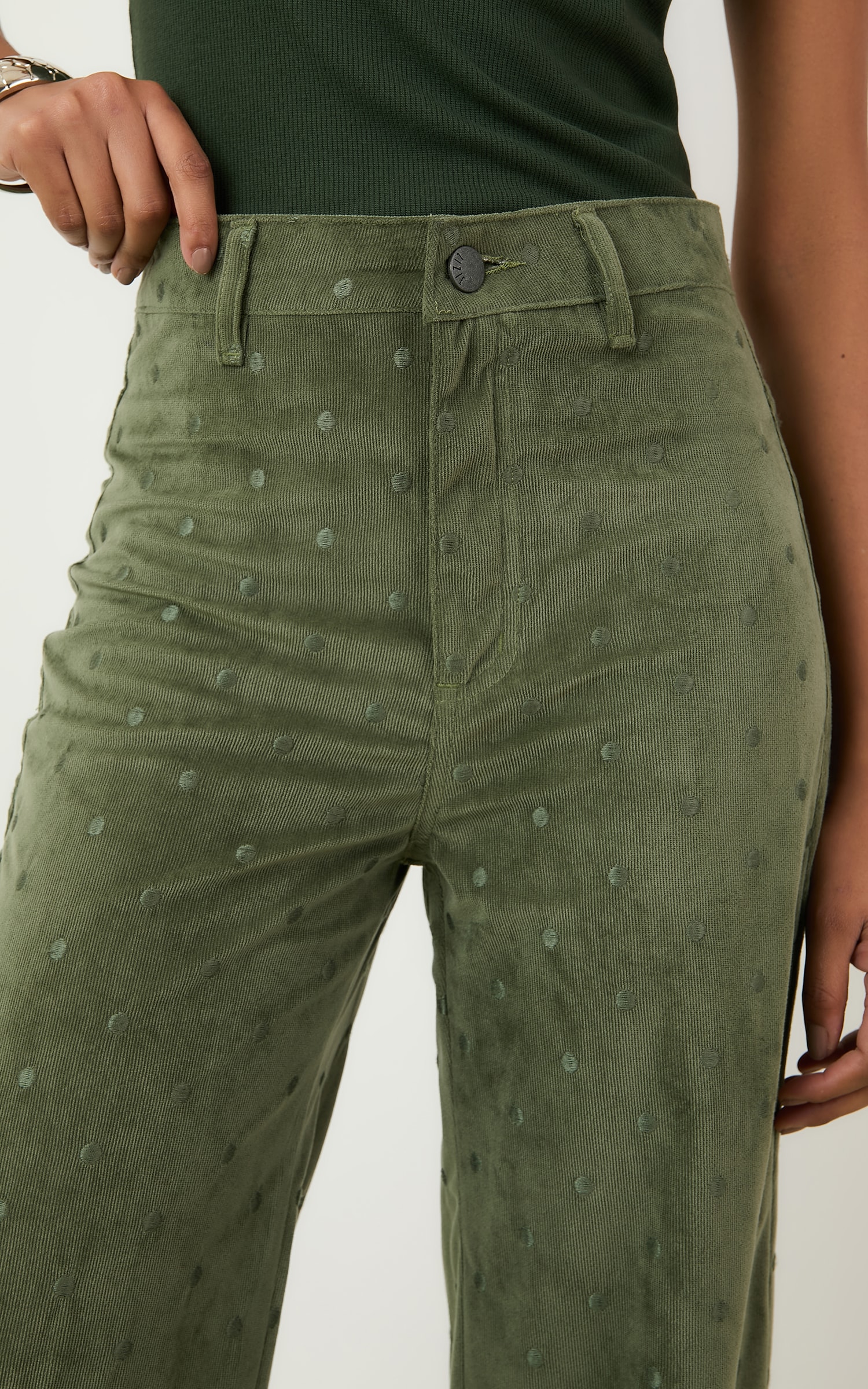 Calca Pantalona Cotele Bordado Verde Musgo
