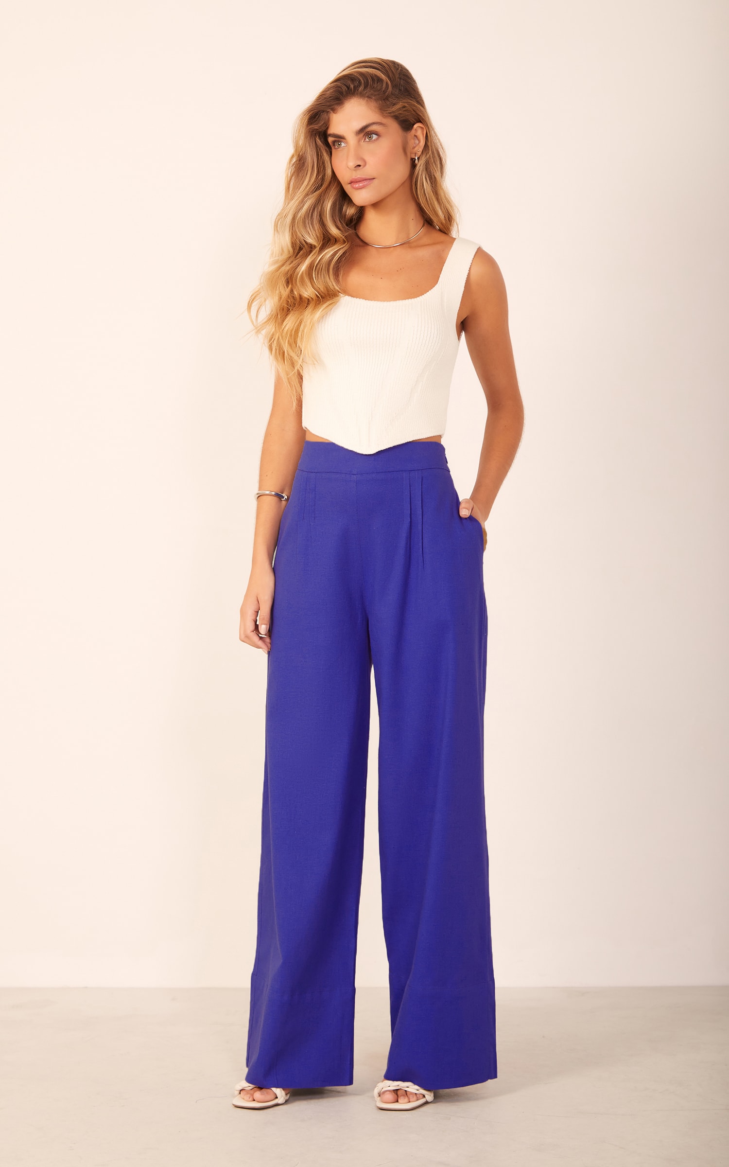 Calça Pantalona Pregas Azul
