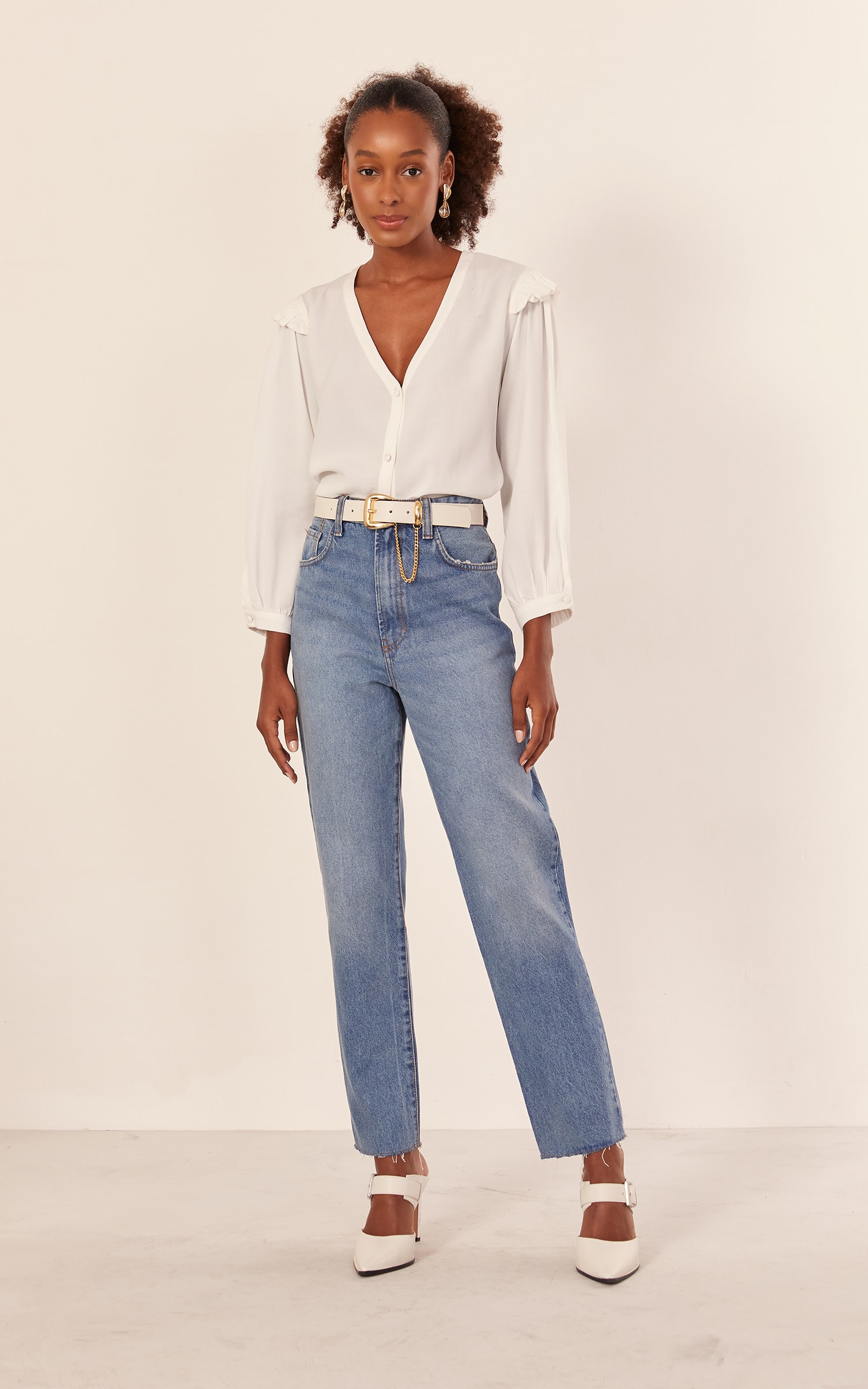 Calça Reta Barra a Fio Jeans Claro