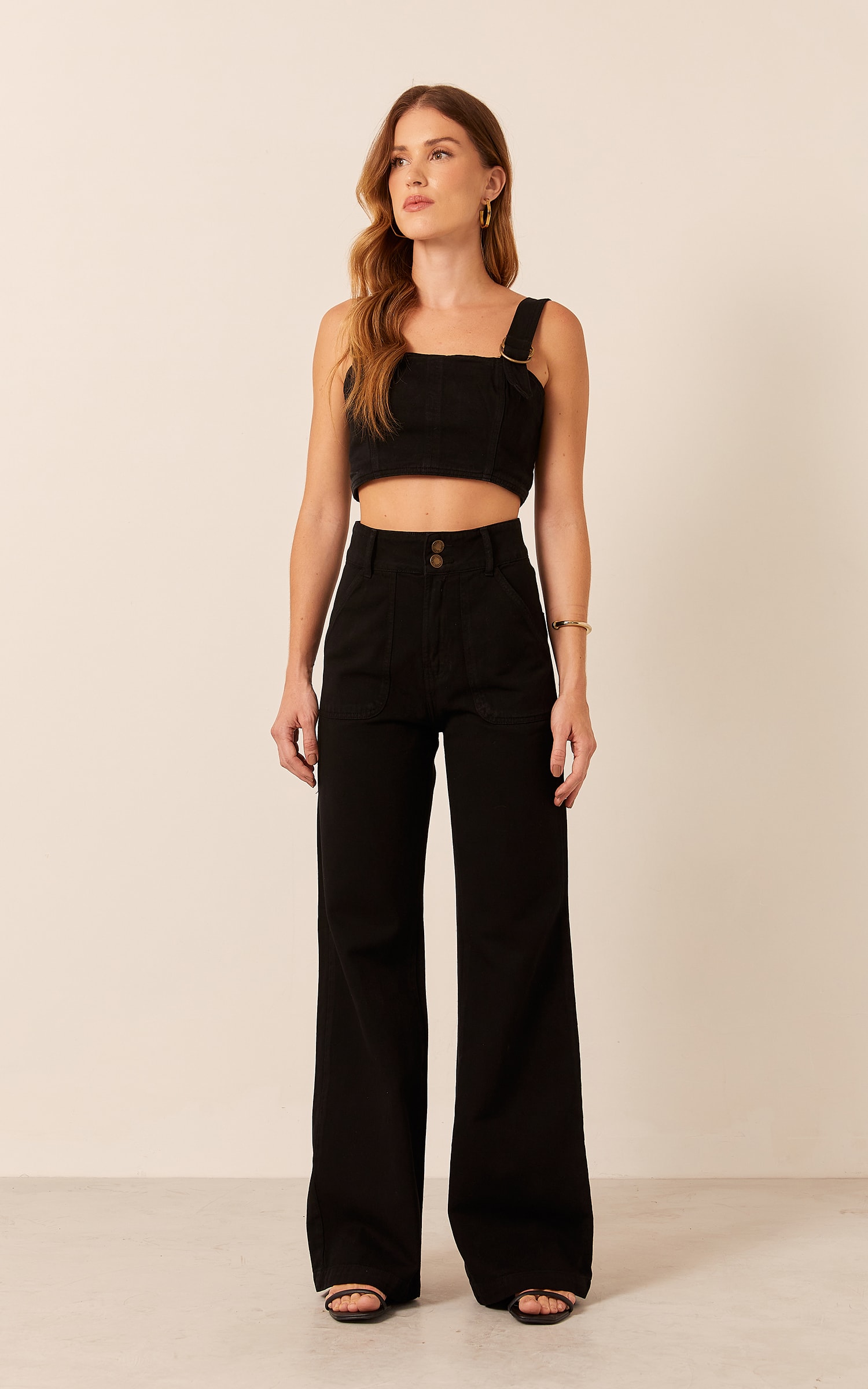 Calça Sarja Maxi Passador Com Bolso Preto