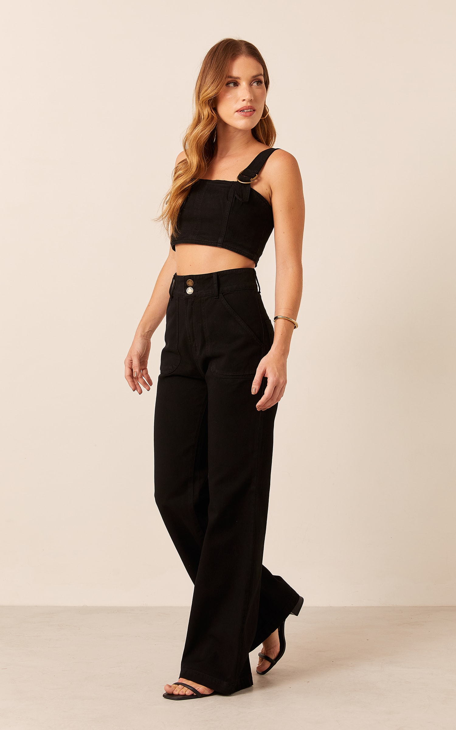 Calça Sarja Maxi Passador Com Bolso Preto