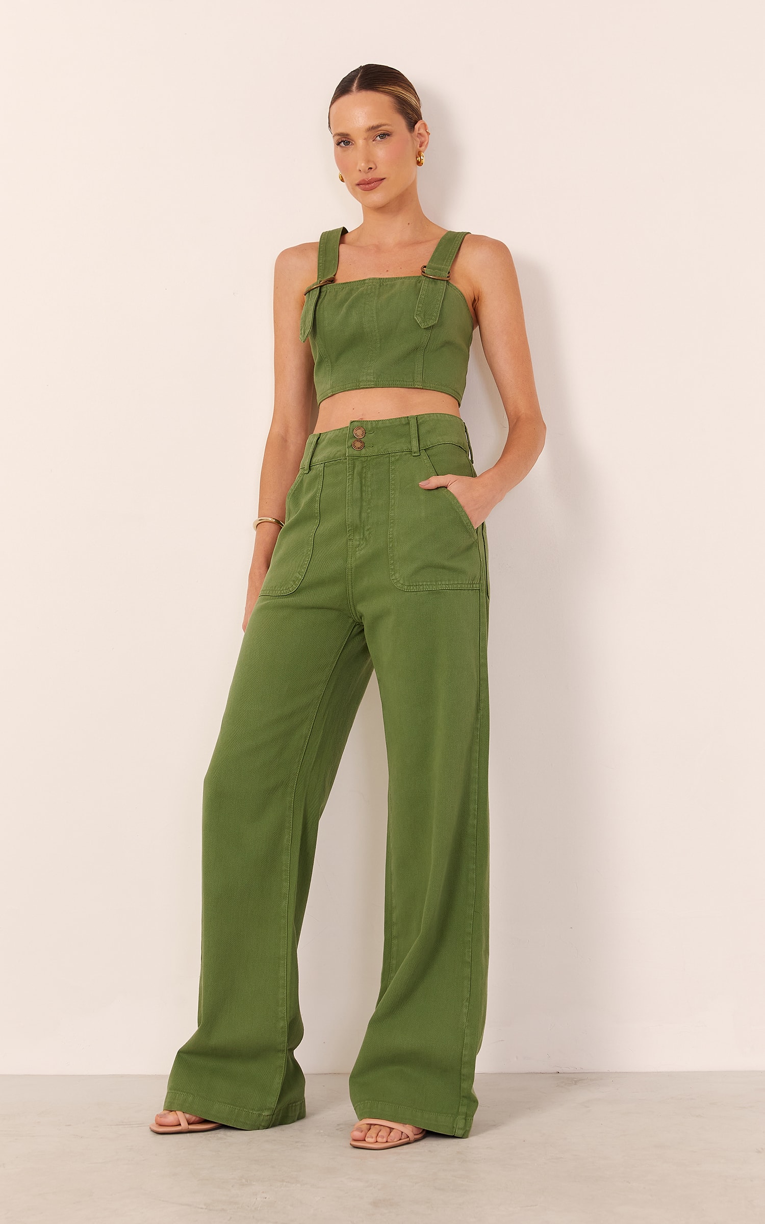 Calça Sarja Maxi Passador Com Bolso Verde