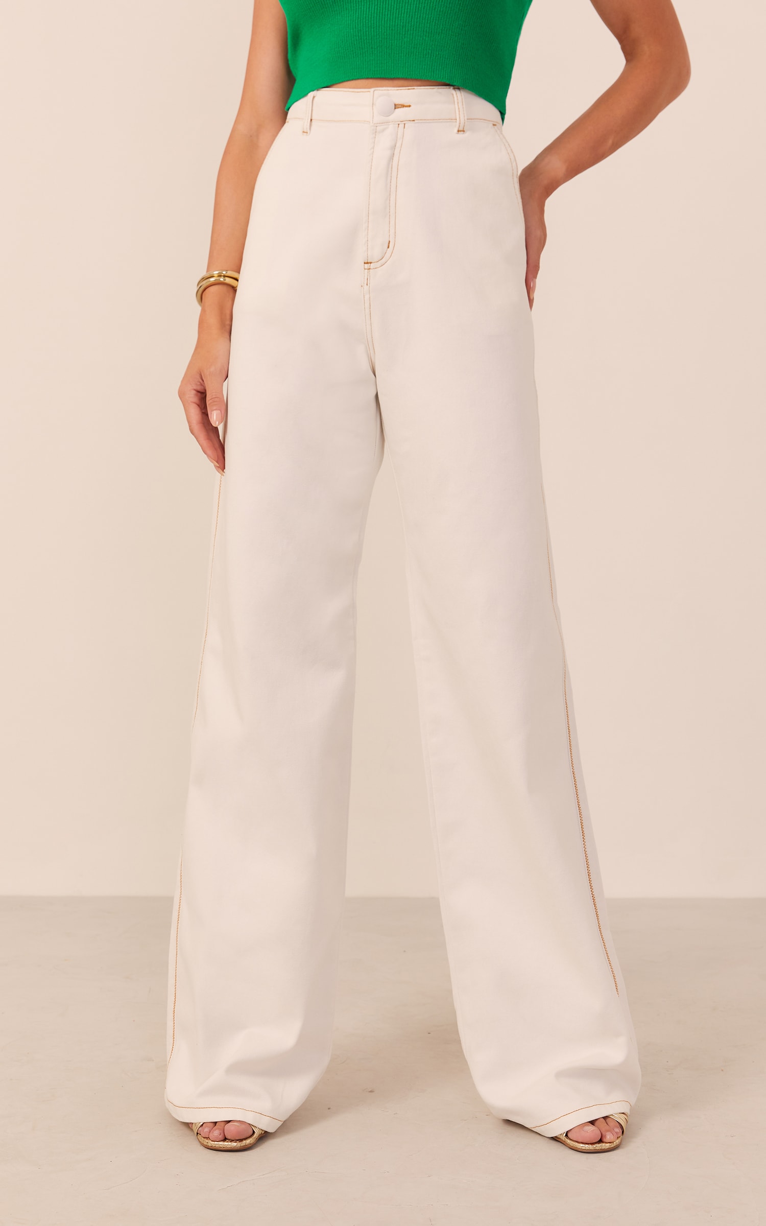Calça Sarja Pespontada Off White