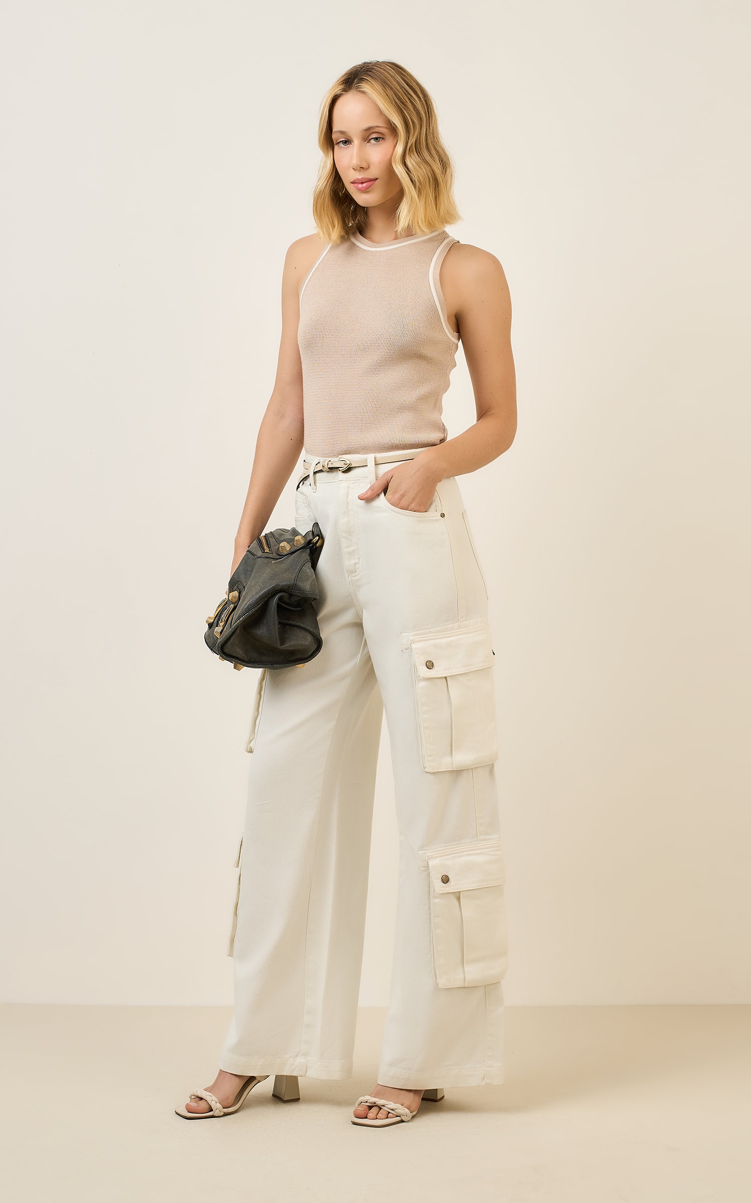 Calça Sarja Wide Bolso Off White