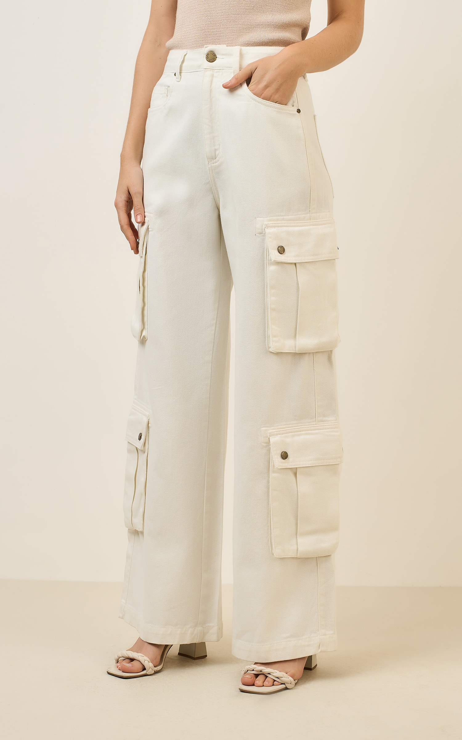 Calça Sarja Wide Bolso Off White
