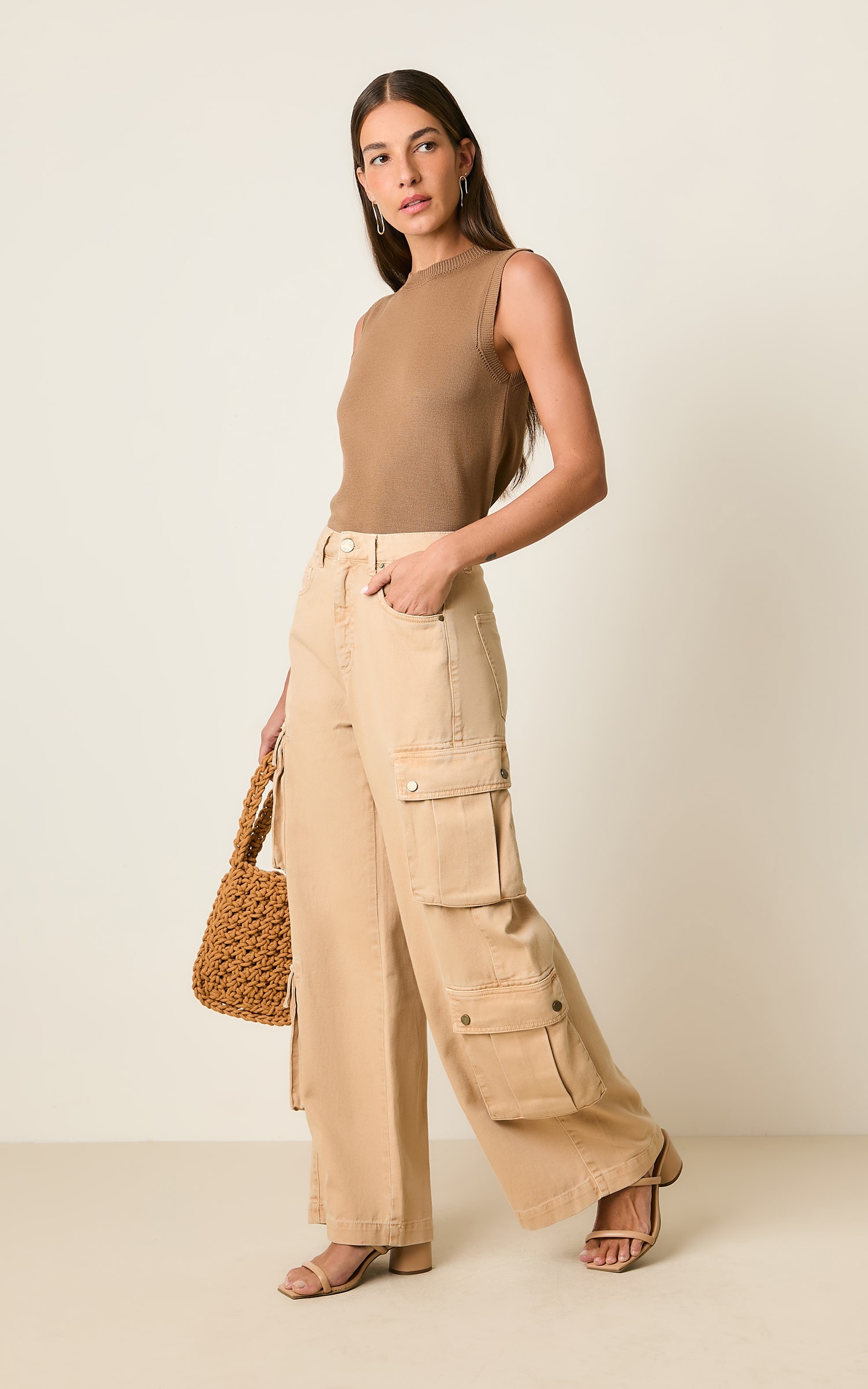Calca Sarja Wide Bolso Palha