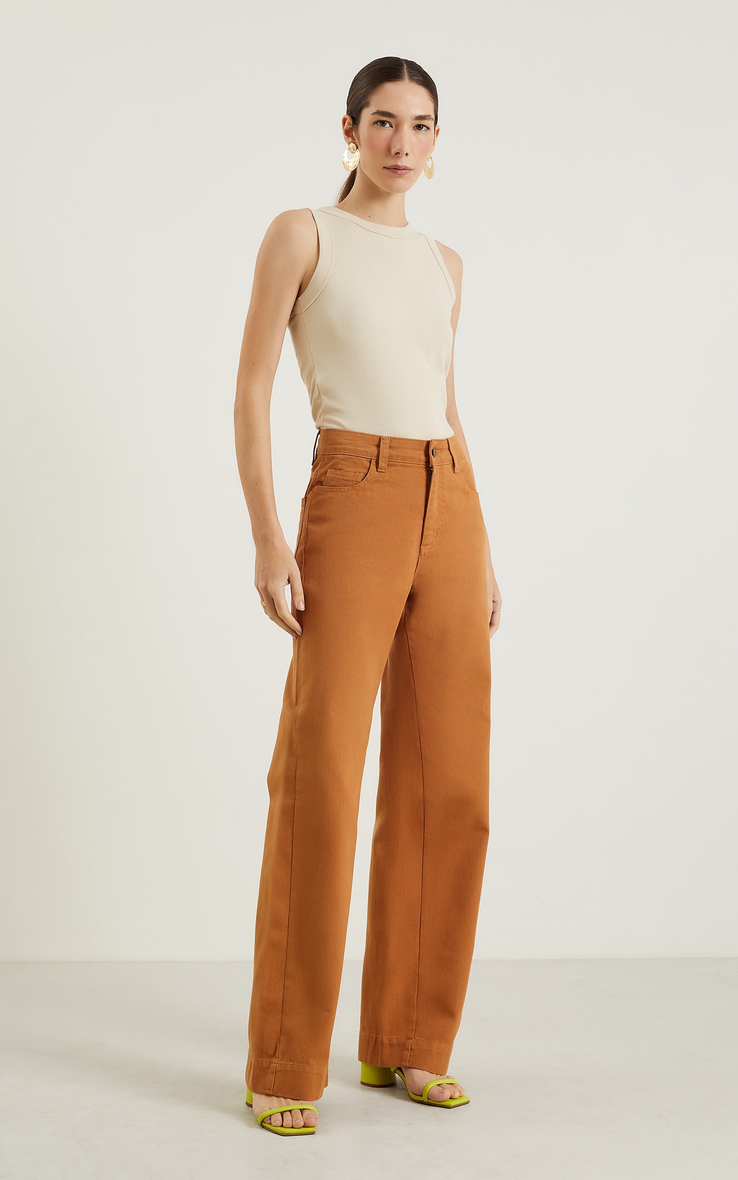 Calça Sarja Wide Leg Caramelo