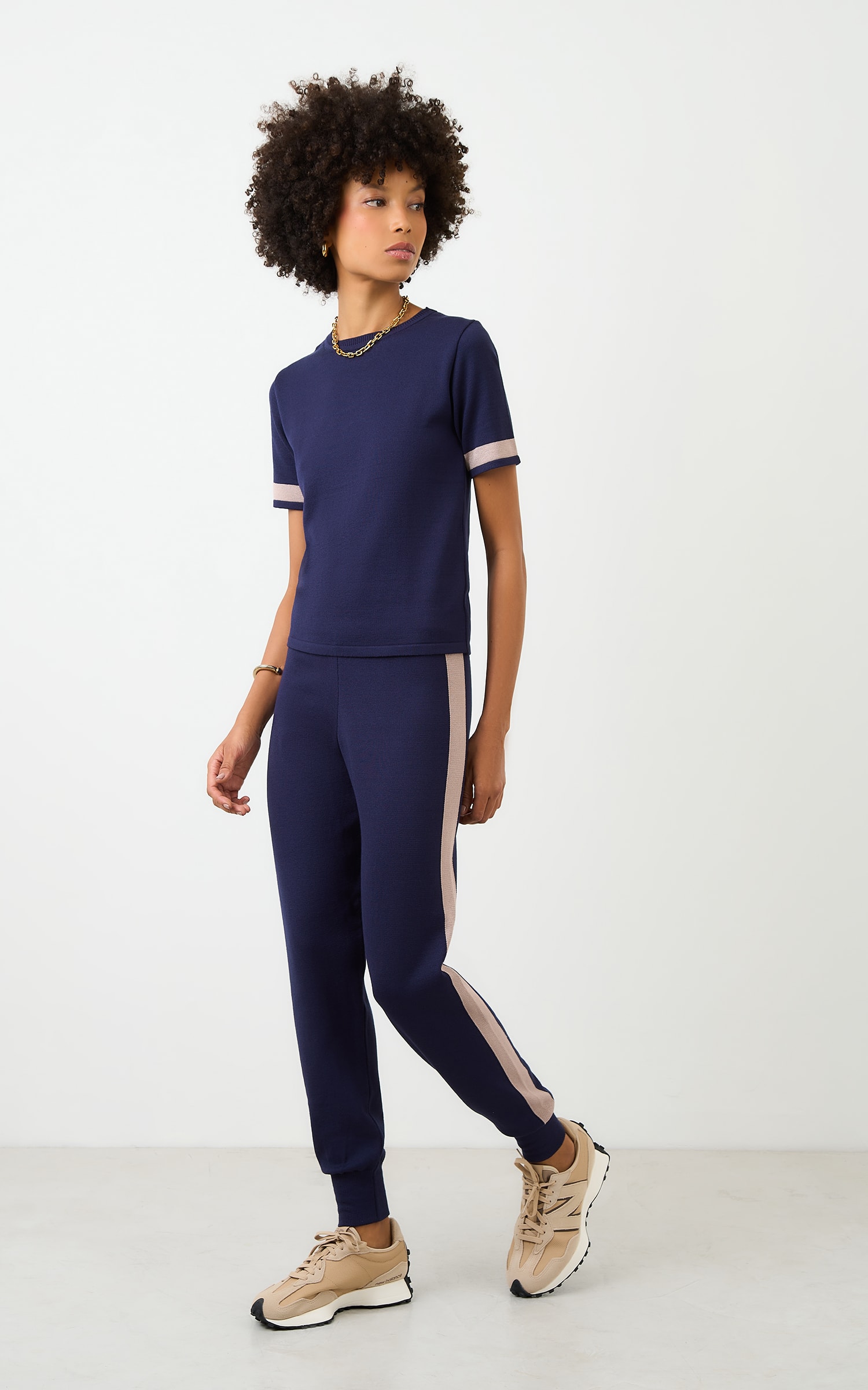 Calça Tricot Jogger Listra Marinho/Nude