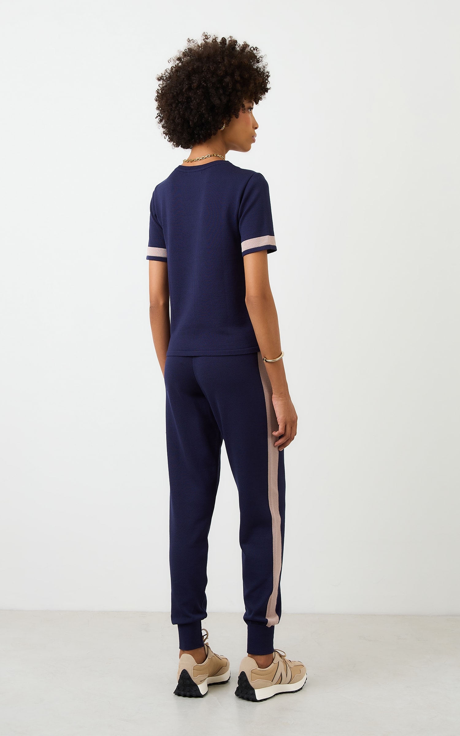 Calça Tricot Jogger Listra Marinho/Nude