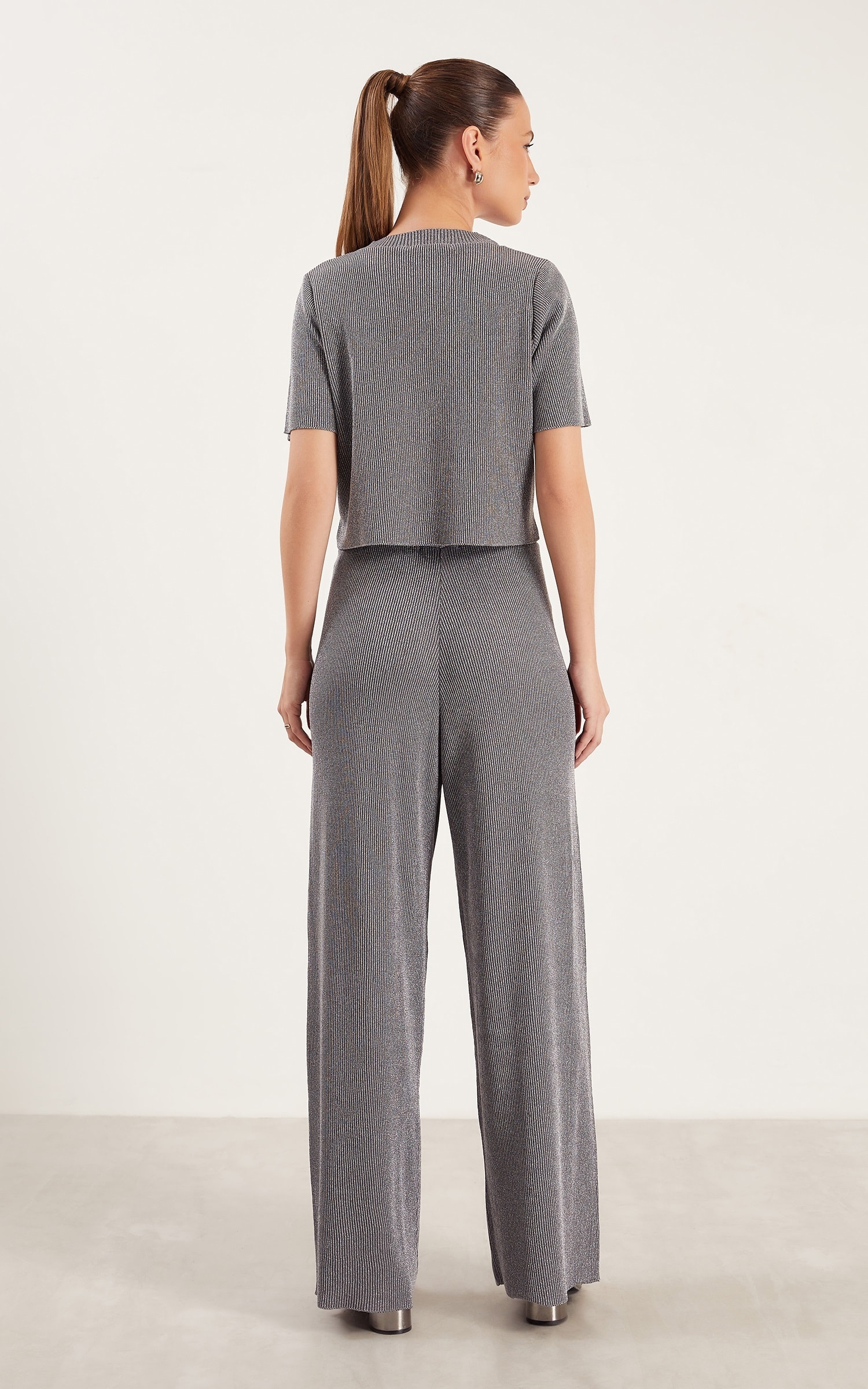 Calça Tricot Lurex Brilho Prata