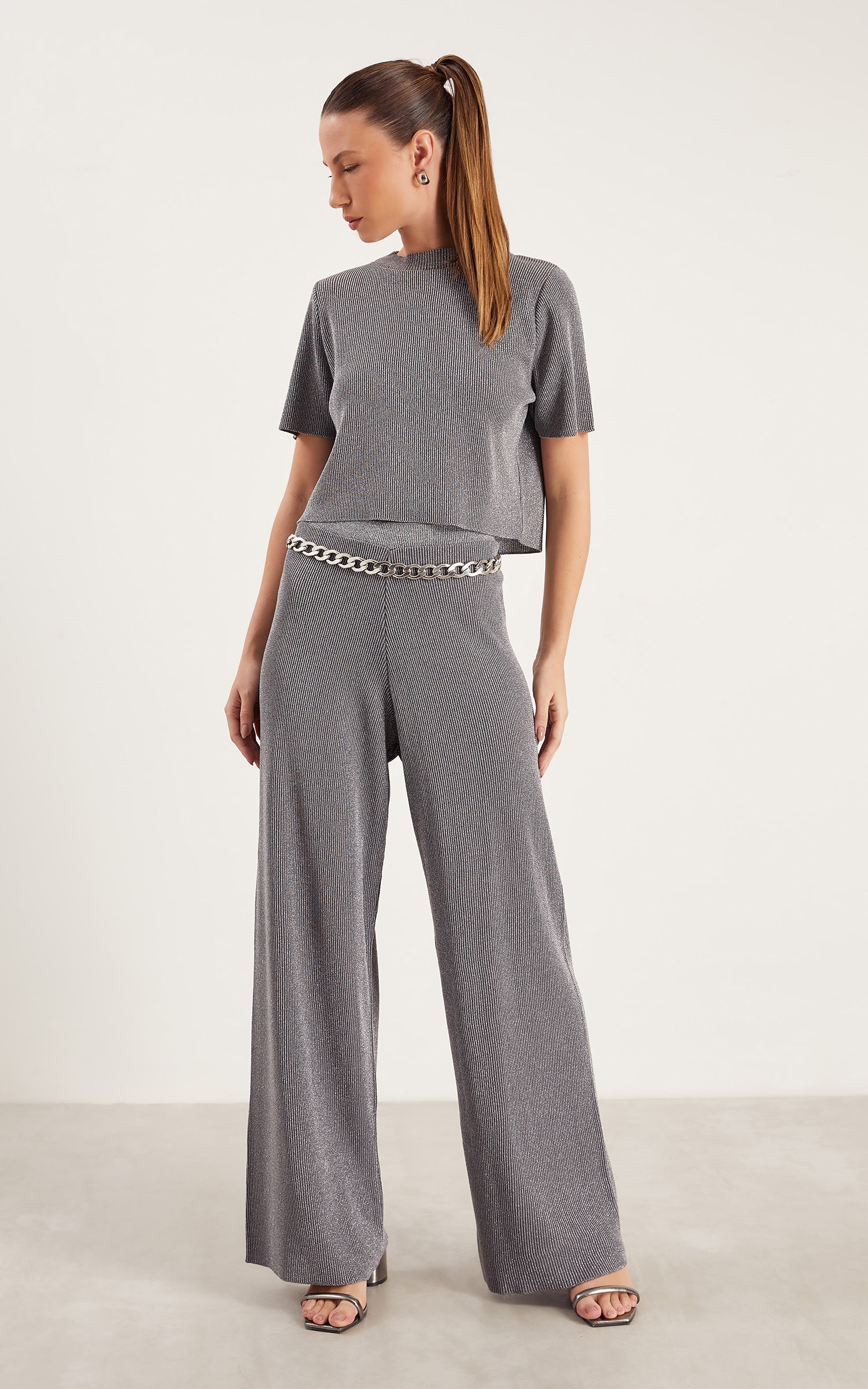 Calça Tricot Lurex Brilho Prata
