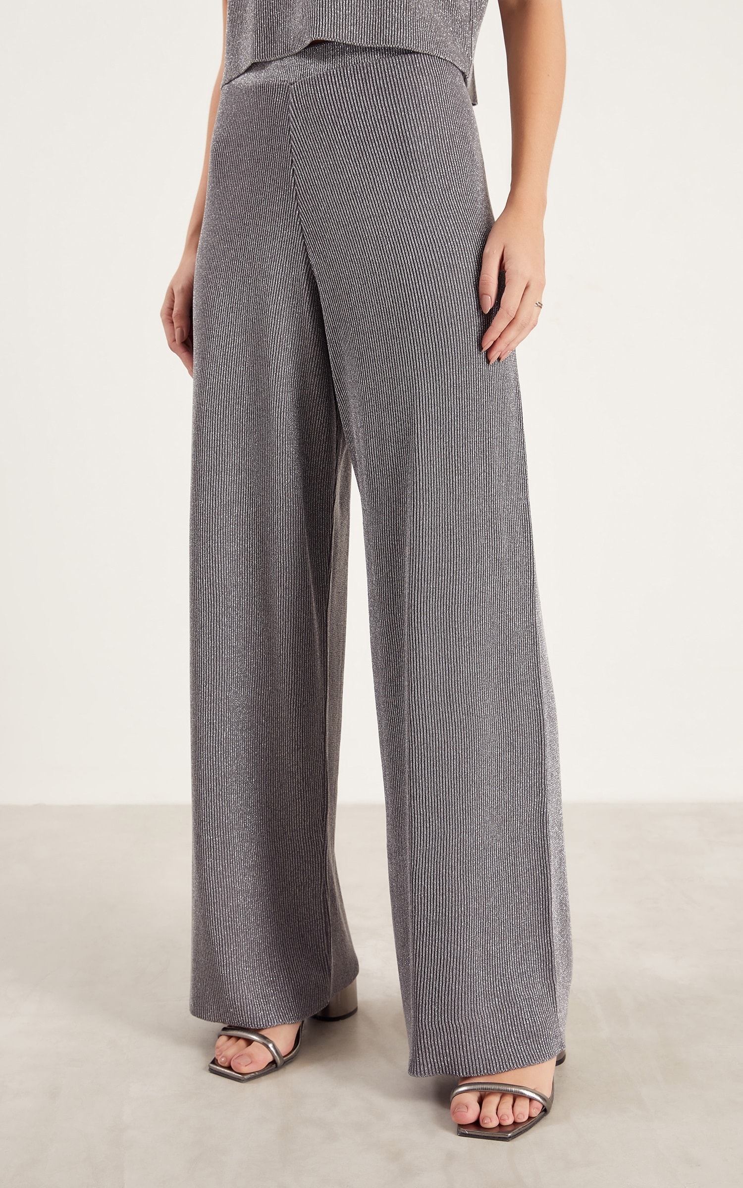 Calça Tricot Lurex Brilho Prata