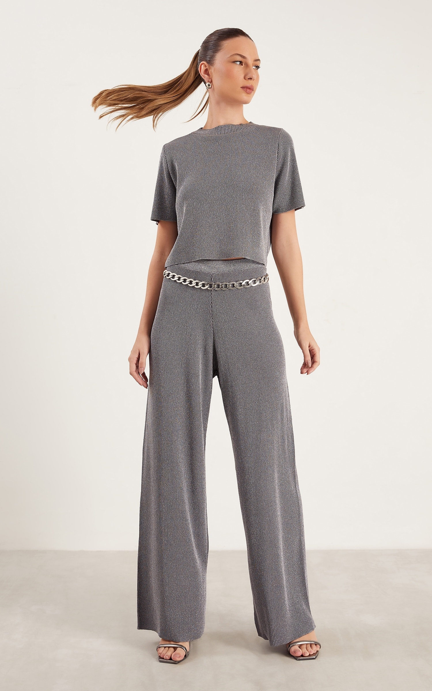 Calça Tricot Lurex Brilho Prata