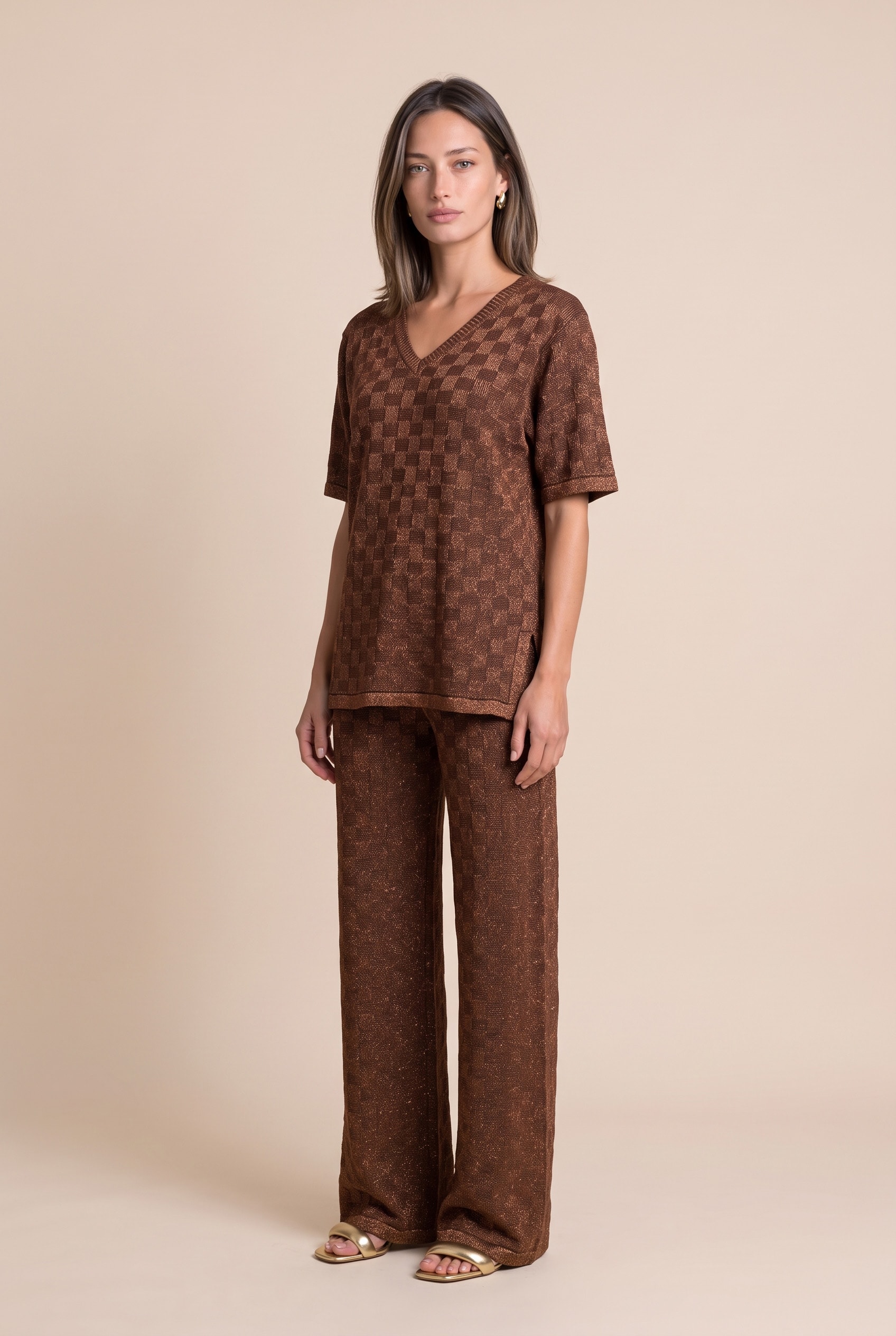Calca Tricot Mix Lurex Marrom